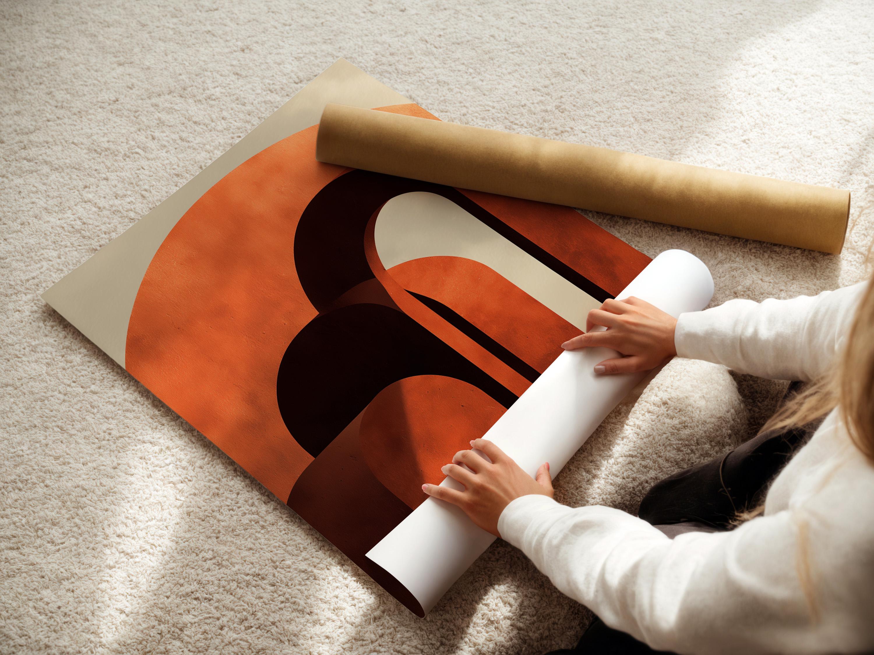 Abstract geometric archway artwork with burnt orange curves and dark charcoal doorway shapes detail view