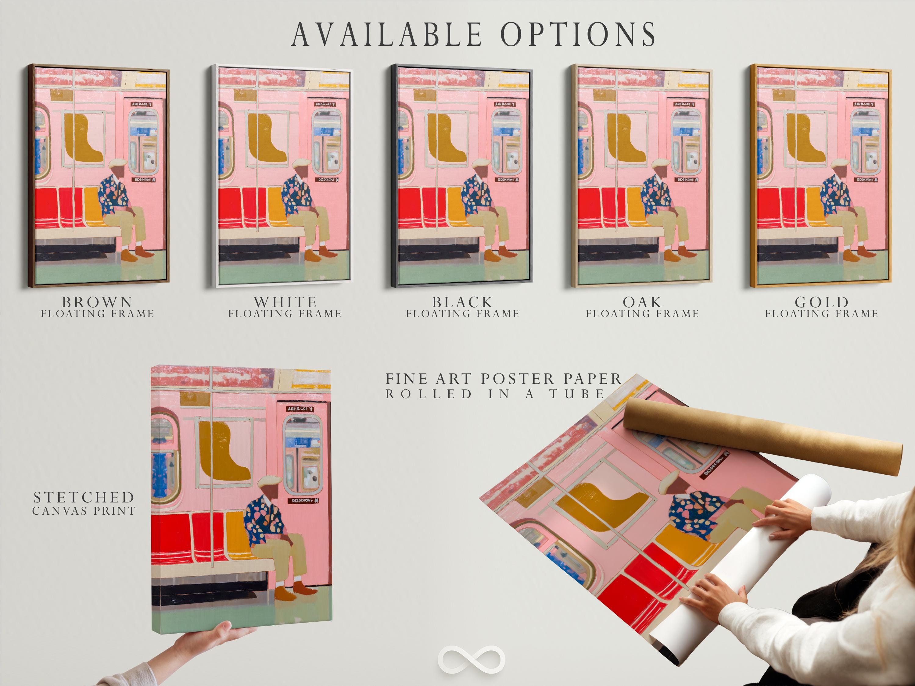 Room mockup showing framed urban subway artwork and colour swatch thumbnails