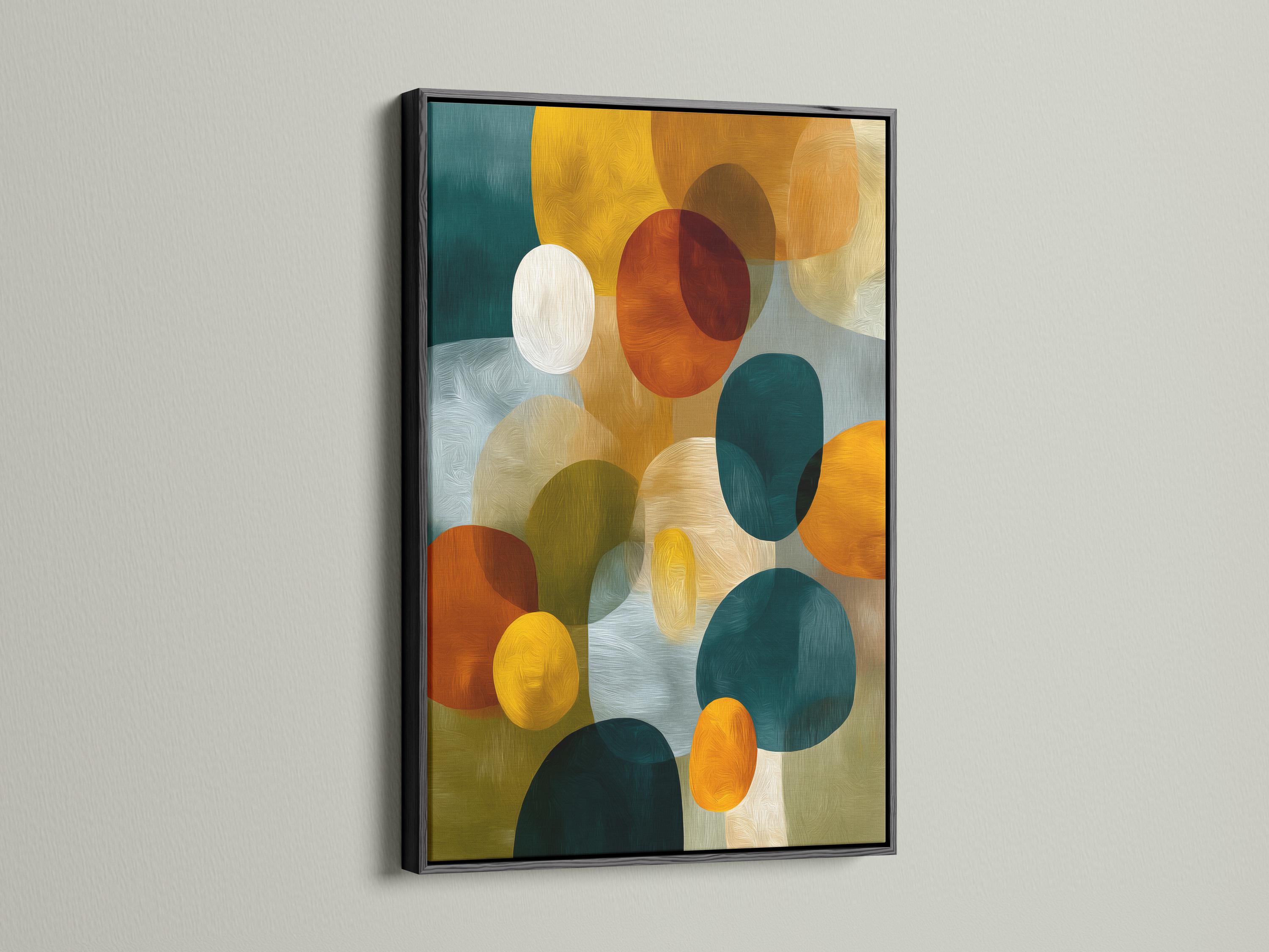 Abstract artwork with overlapping circles and oval shapes in teal, mustard yellow, orange and red detail view
