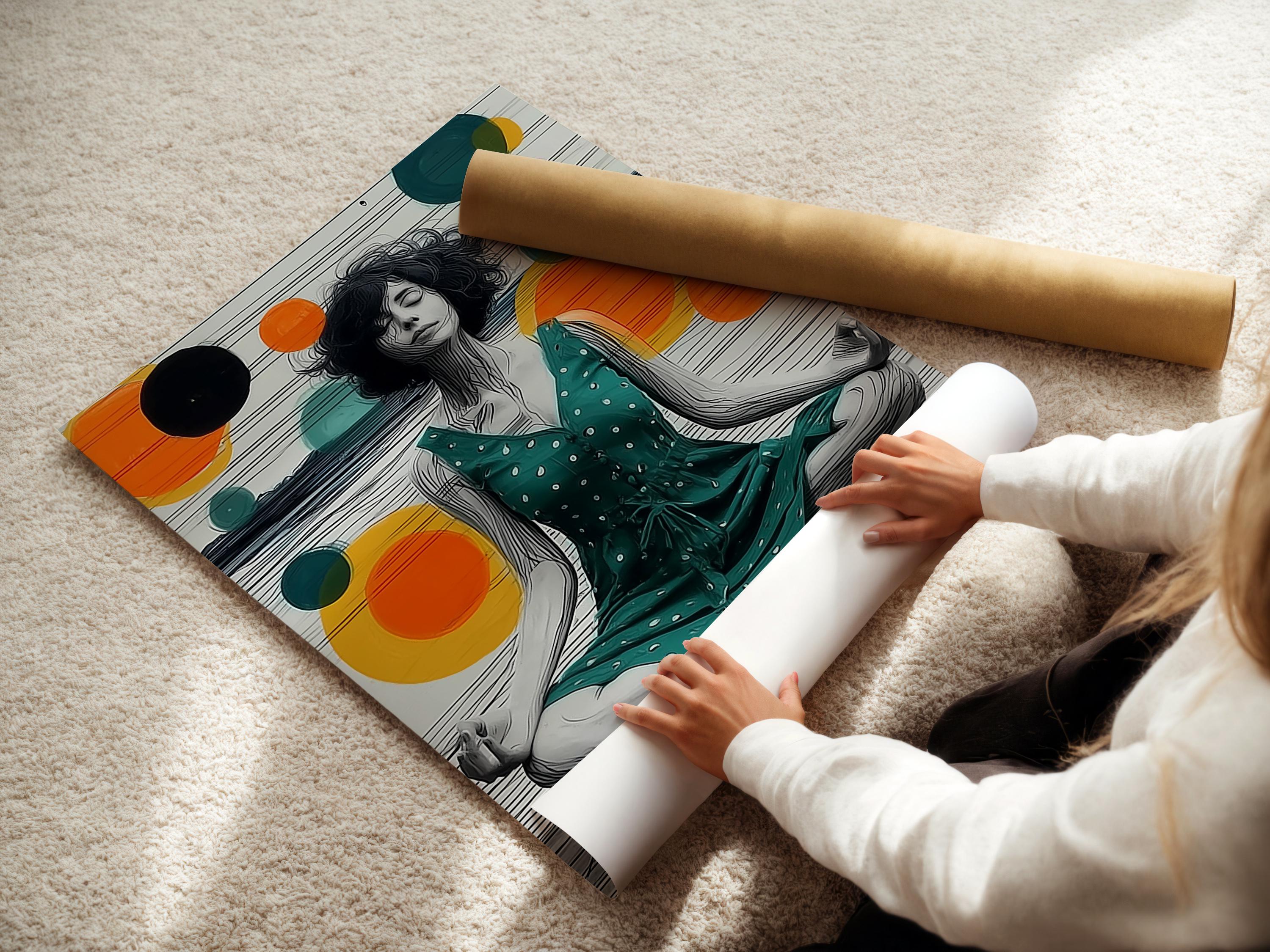 Seated meditating woman illustration with teal, orange and yellow circles and horizontal stripes background detail view