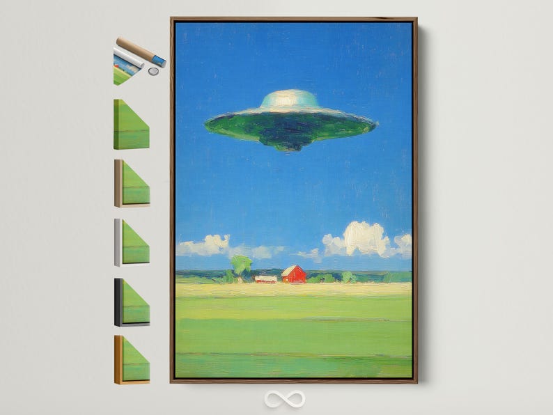 A retro sci‑fi landscape with a green flying saucer above a lime-green field and a red barn