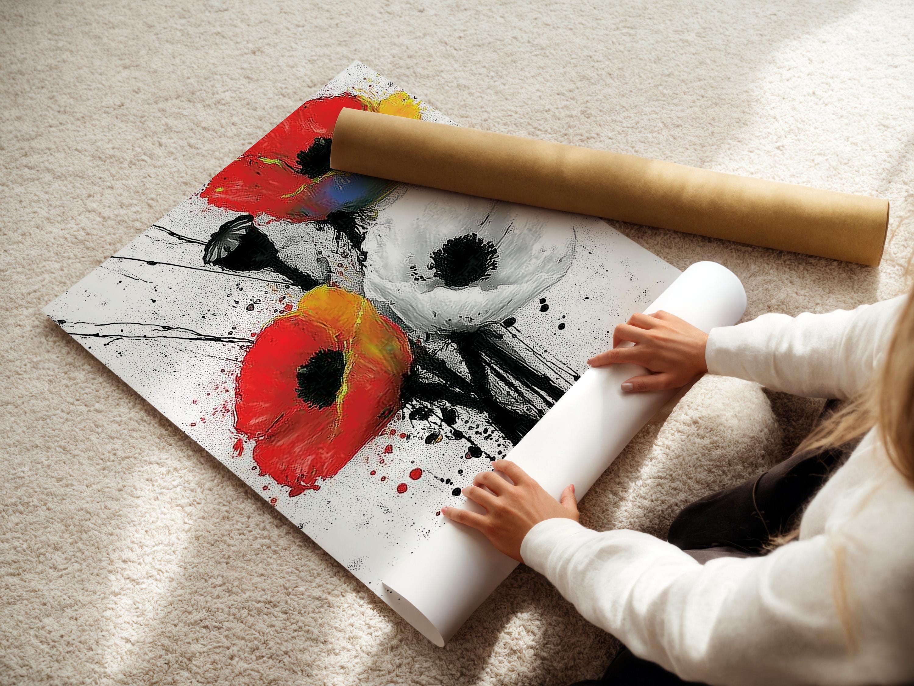 Stylised red poppy flower with black stems on a white speckled background detail view