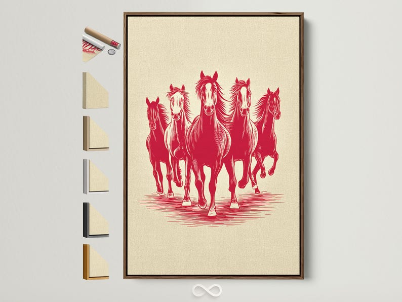Red silhouette of four running horses on a cream background with striped ground