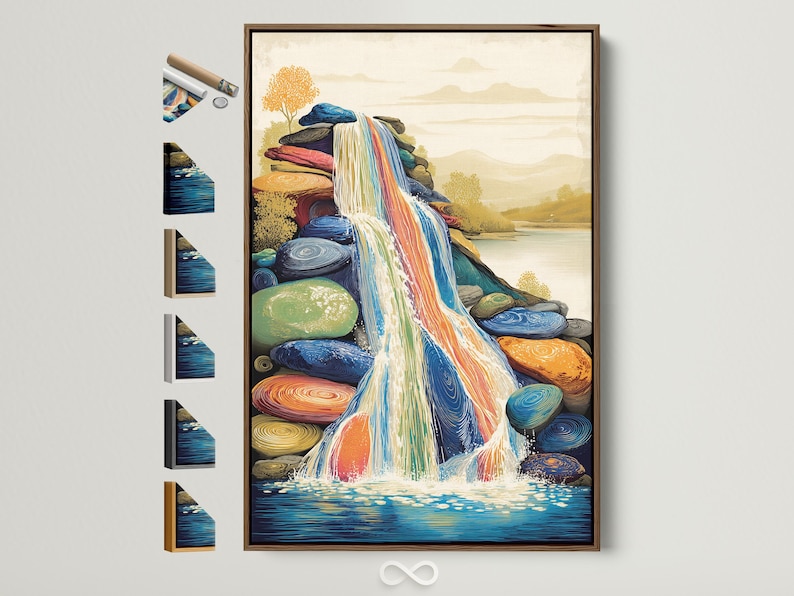 Stylised waterfall pouring into rippling blue water with swirling rock textures