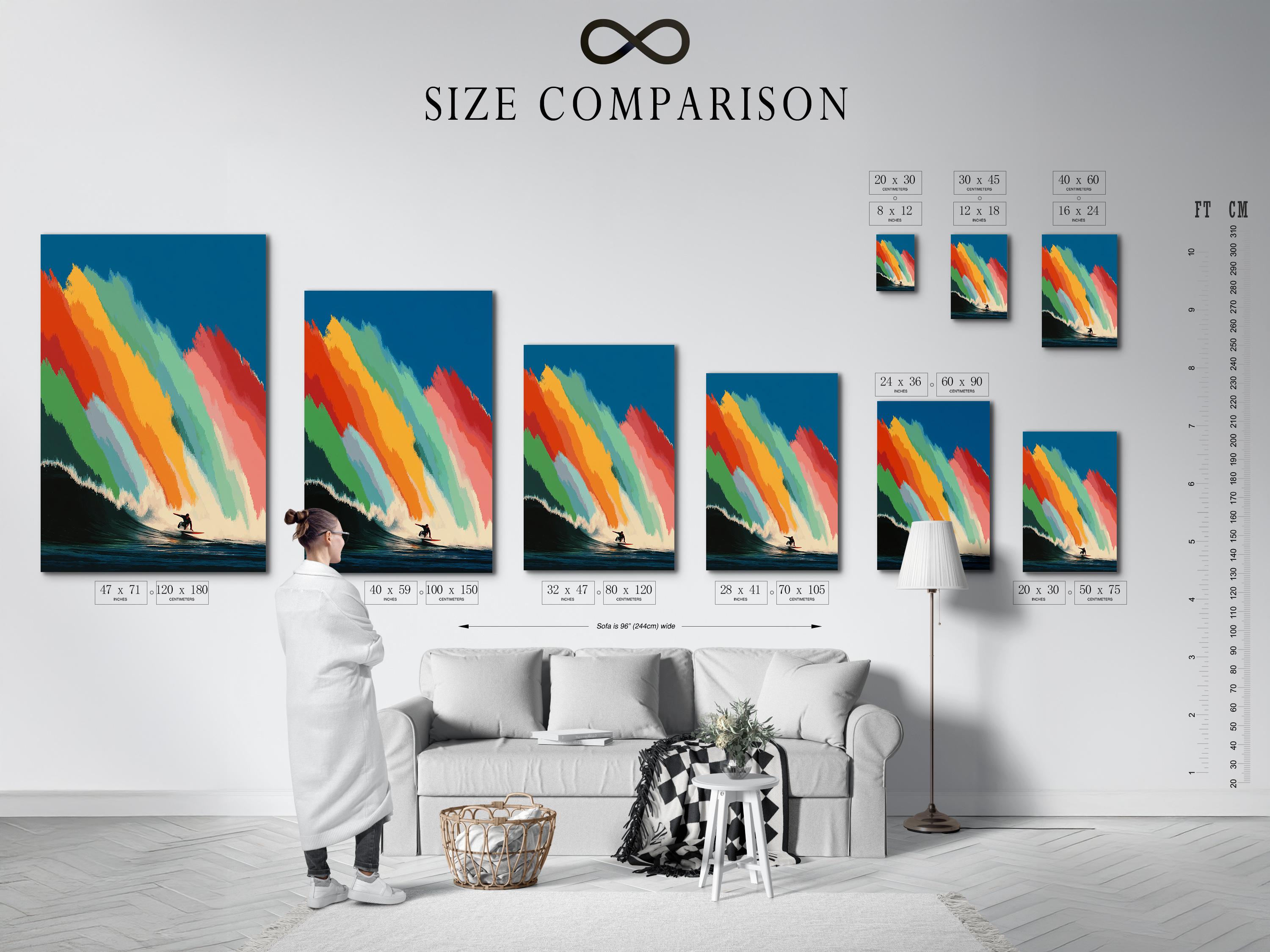 Rainbow-striped ocean wave with a surfer silhouette riding near the bottom right detail view