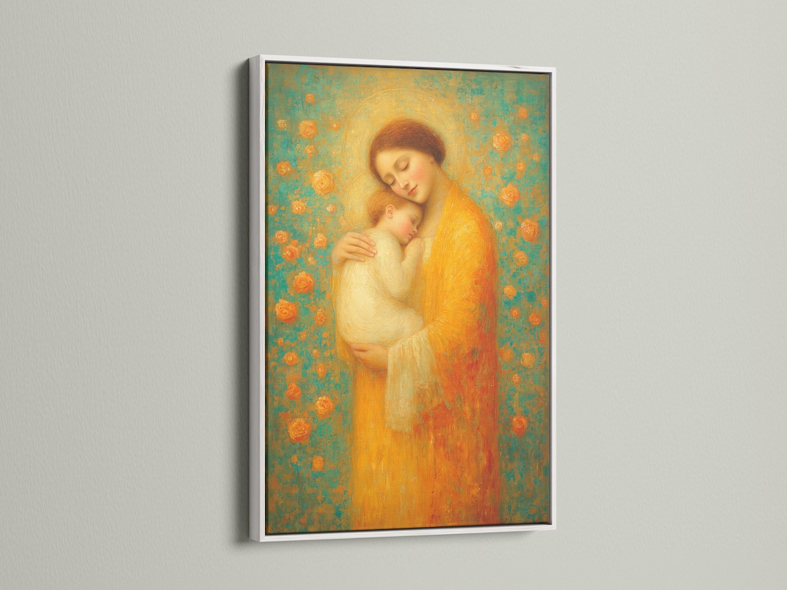 Warm gold mother holding a sleeping baby with halo against a teal patterned background detail view