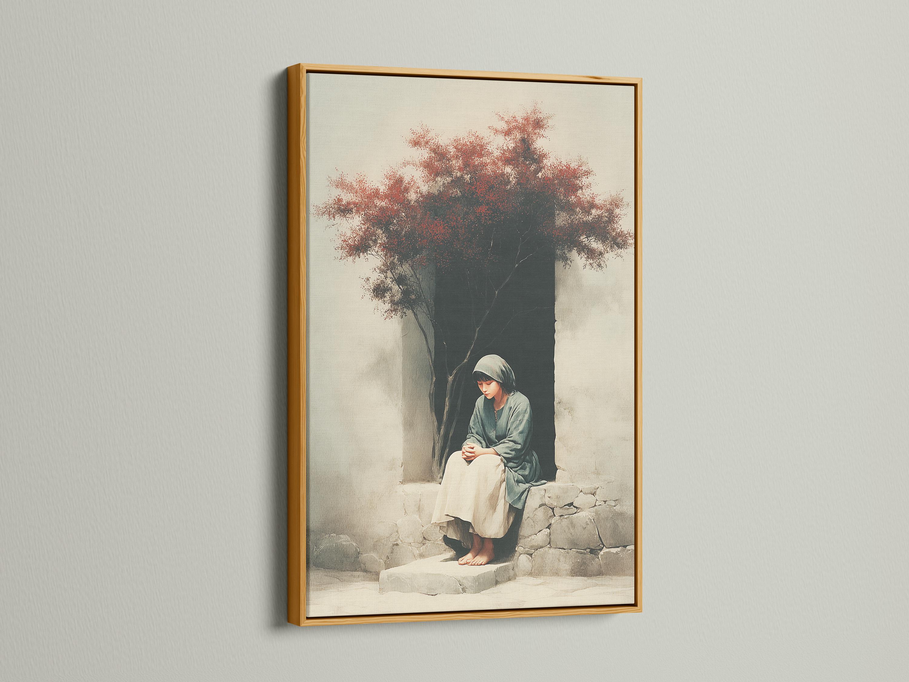 Seated hooded figure by cracked stone steps with dark tree trunk and speckled red foliage canopy detail view