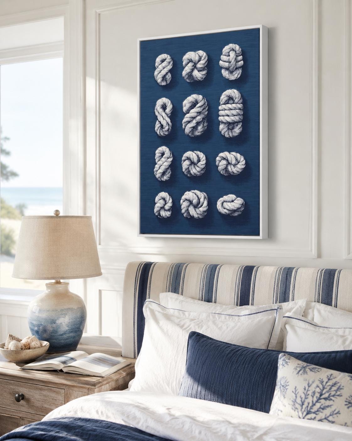 Nine white rope knots arranged on a navy blue background detail view