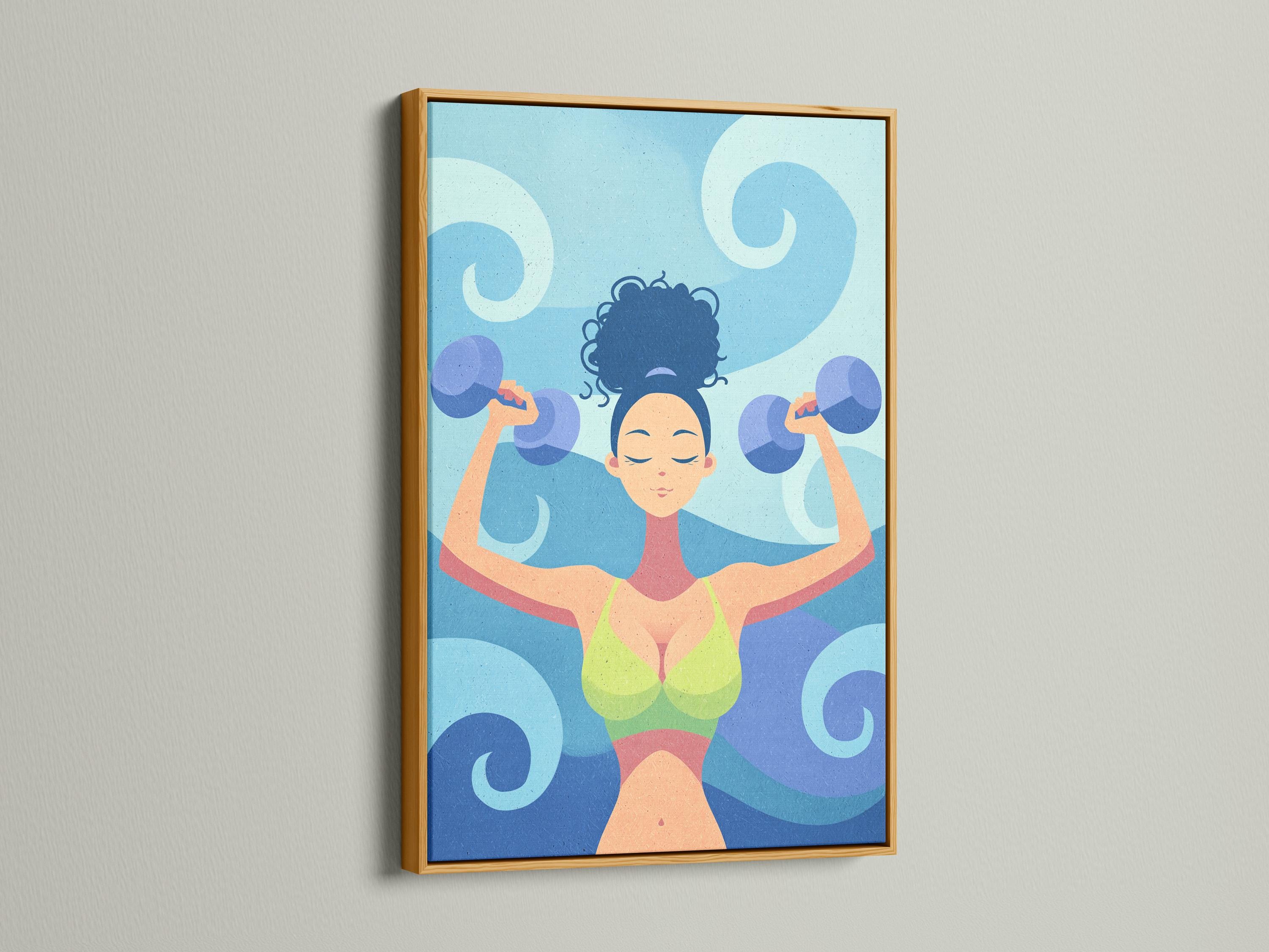 Stylised fitness woman lifting dumbbells overhead against a swirling blue background detail view