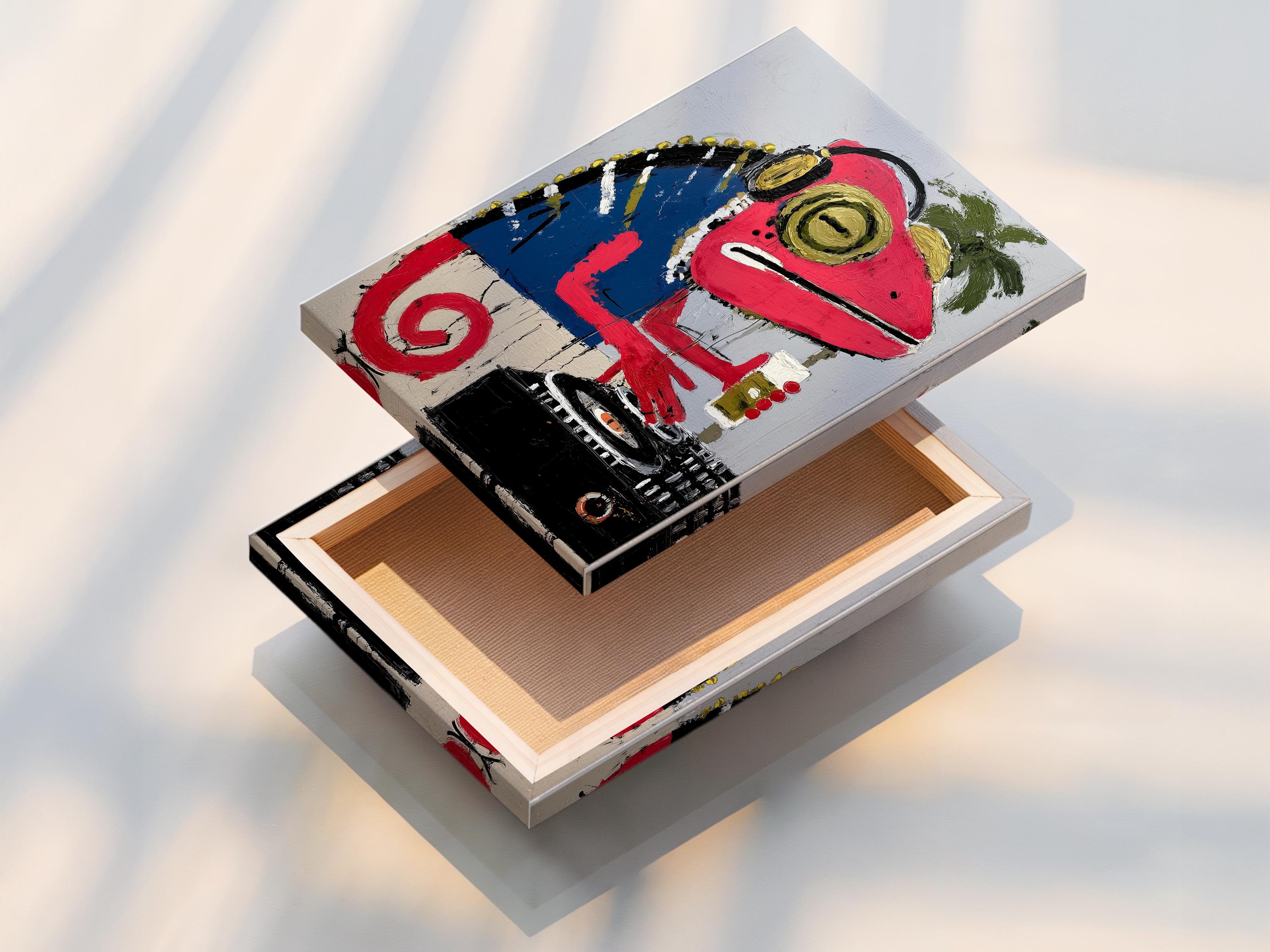 Stylised red iguana DJ illustration with oversized headphones, tropical leaves and a console detail view