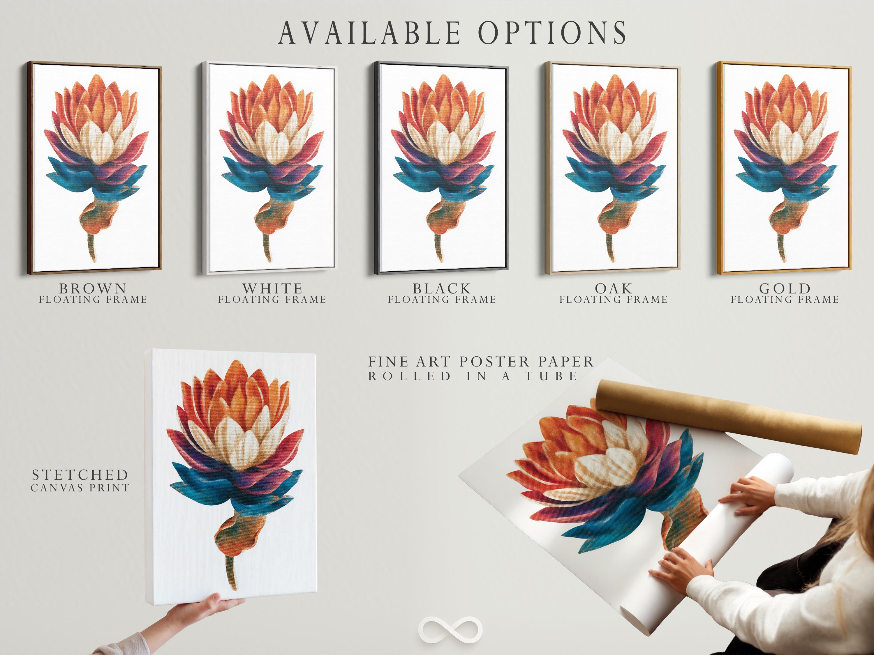 Stylised flower artwork with teal and coral petals and a cream centre on a pale background detail view