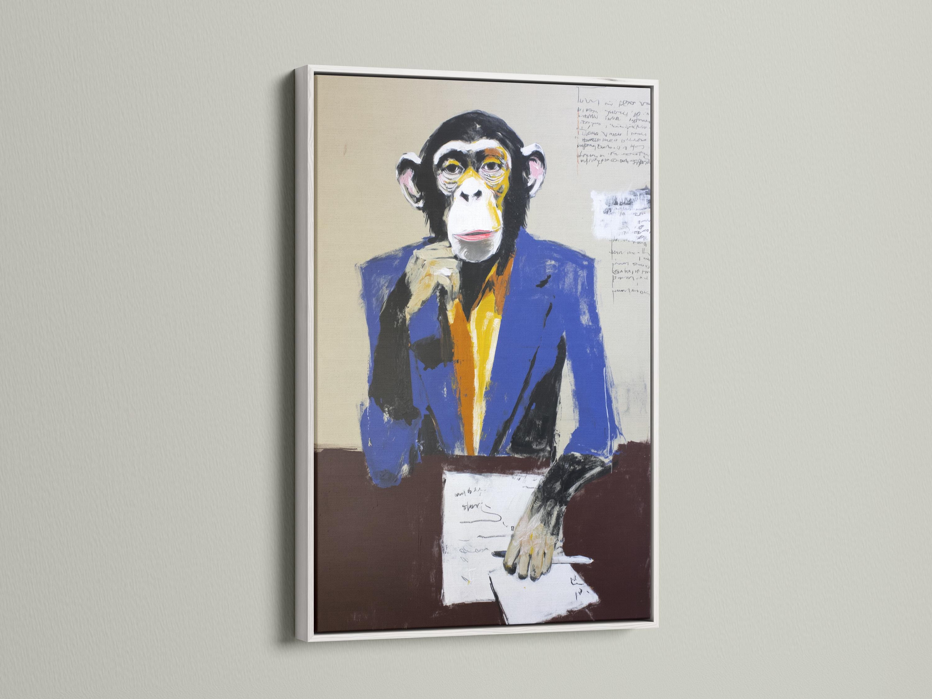 Stylised monkey portrait in a blue suit holding papers with faint scribbles detail view