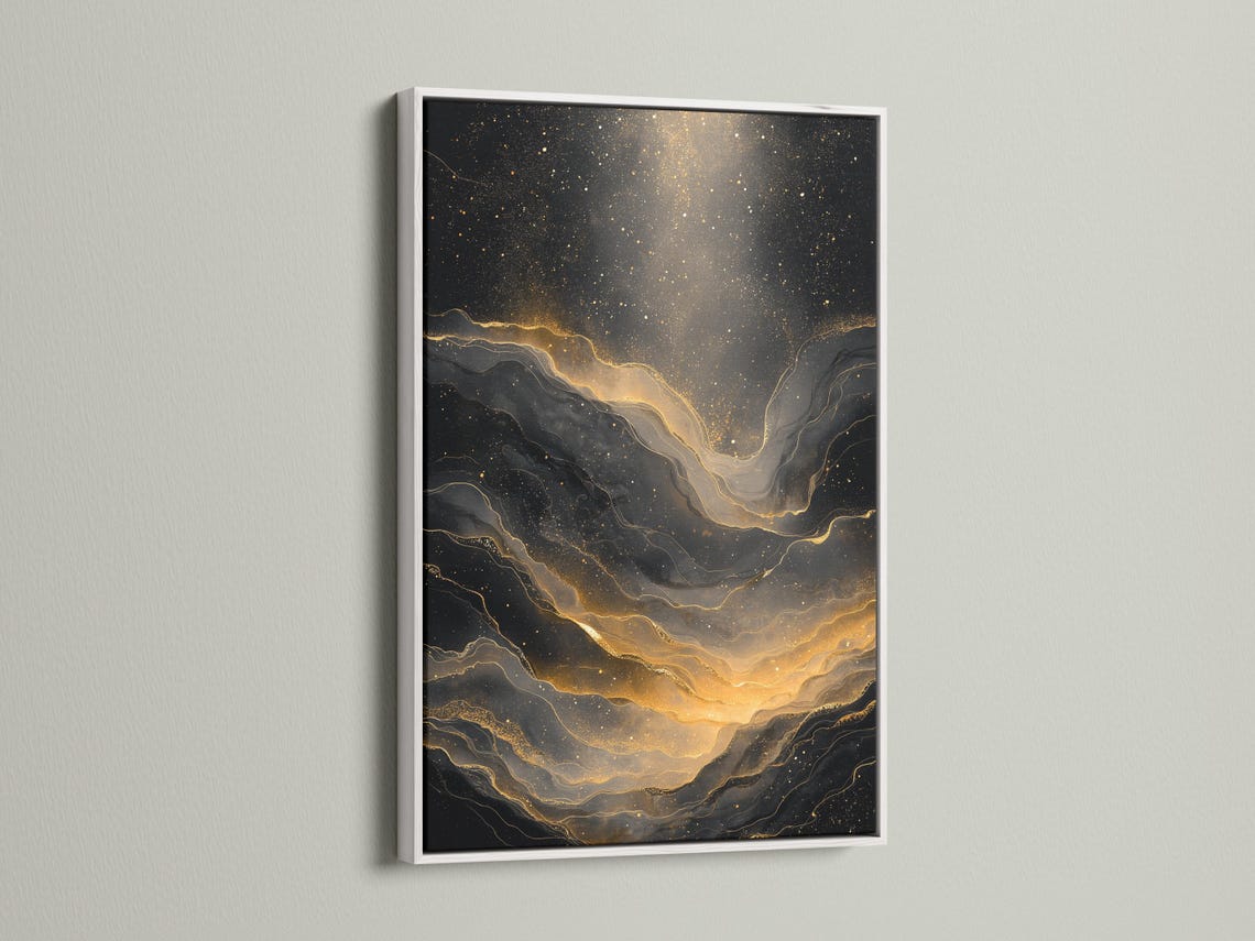 Black and gold abstract artwork with glowing vein-like lines and sparkling speckles detail view
