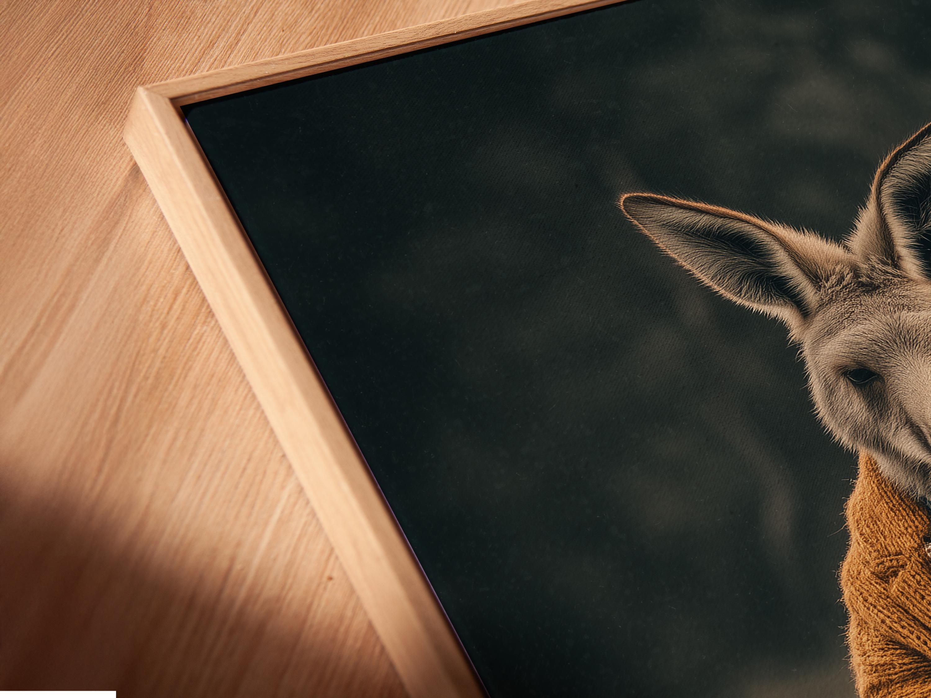 Framed kangaroo gentleman portrait artwork mockup on a light background with frame options