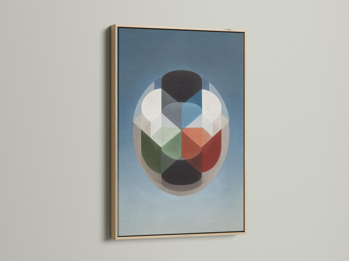 A blue geometric composition features a central rounded cluster of overlapping blocks and circles in cream, grey, dark charcoal, and warm red accents