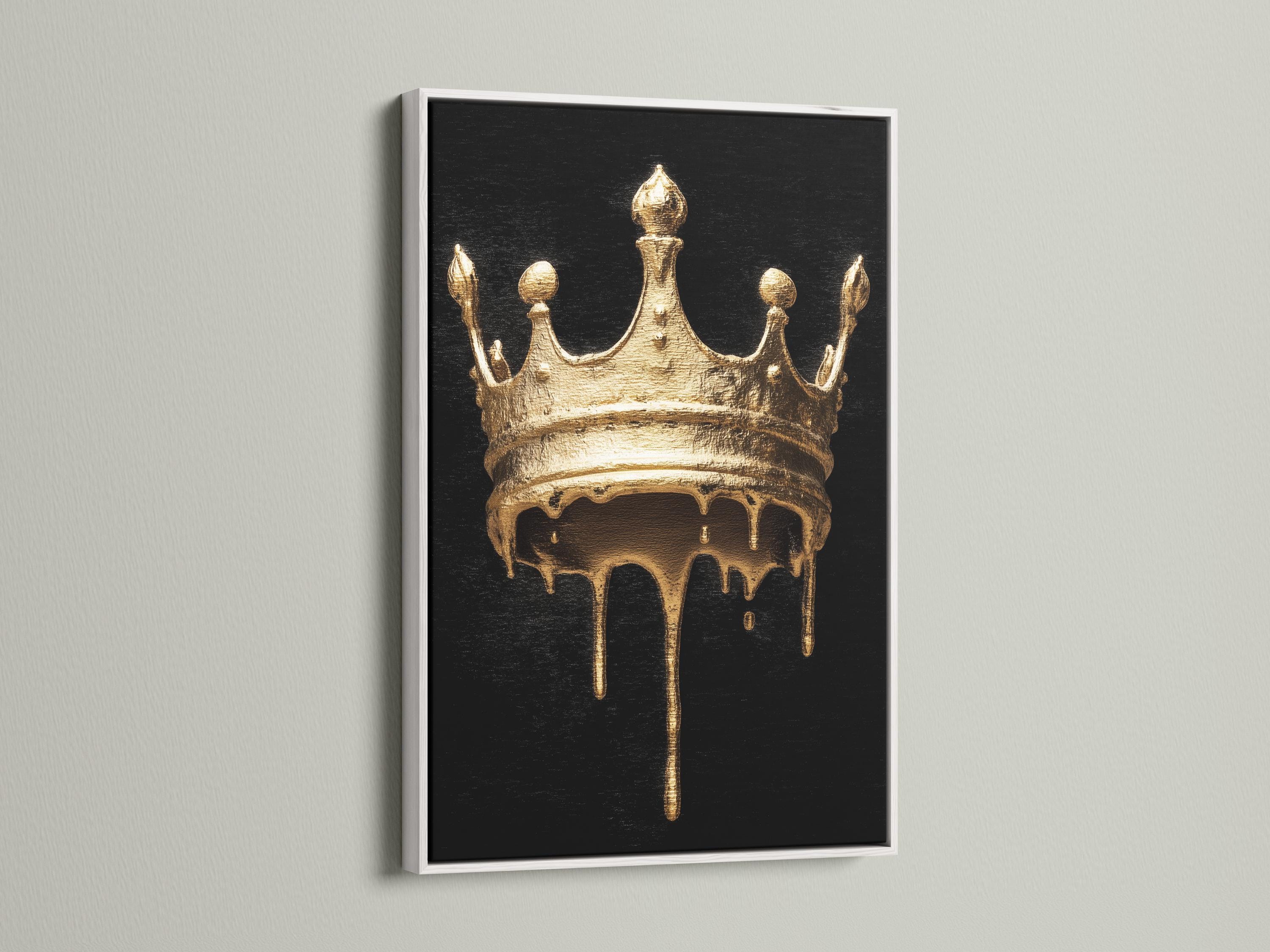 Person in a clothing store viewing a black-and-gold crown artwork on a gallery wall