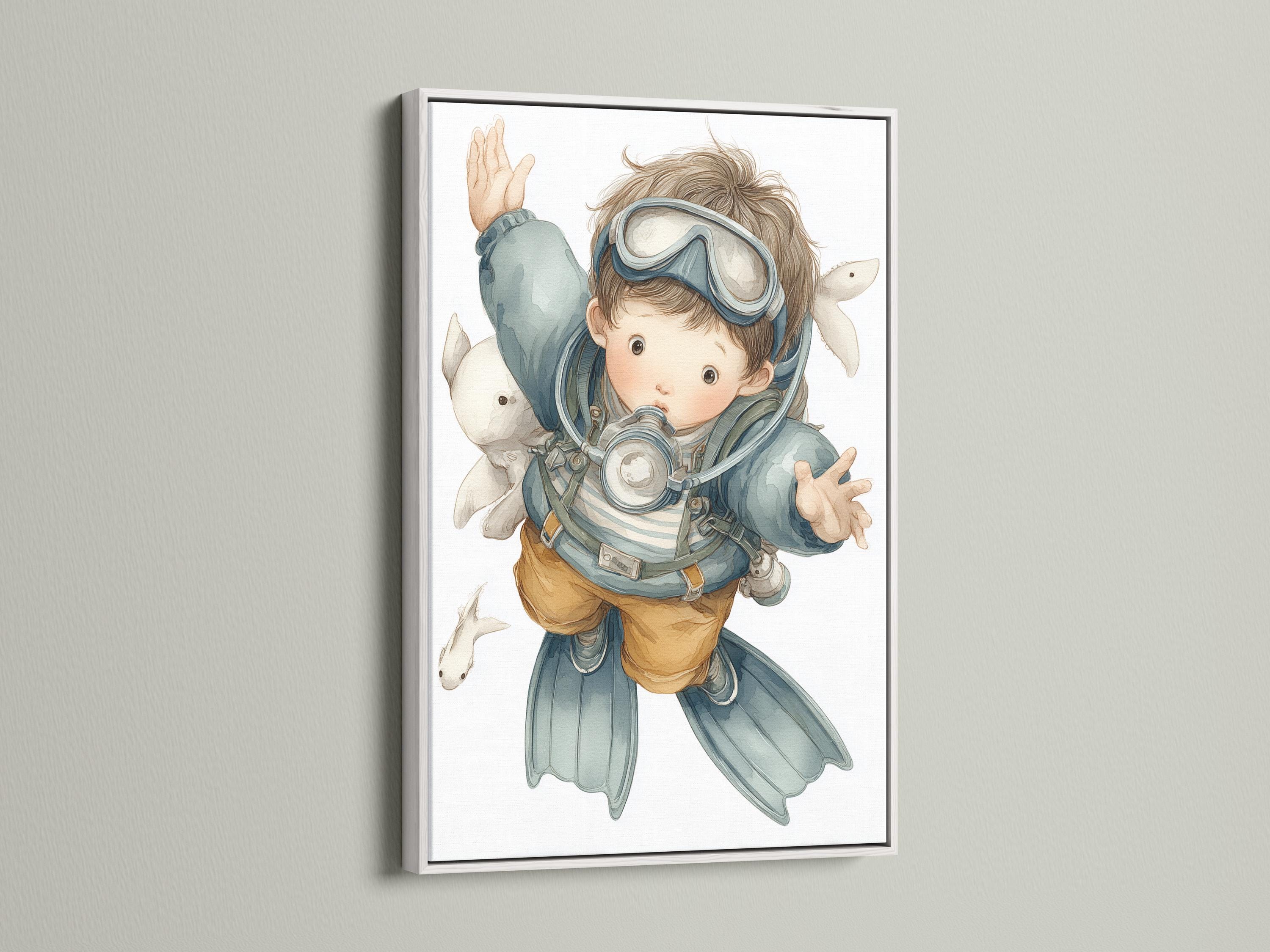 Scuba diving boy illustration with underwater fish floating around him detail view