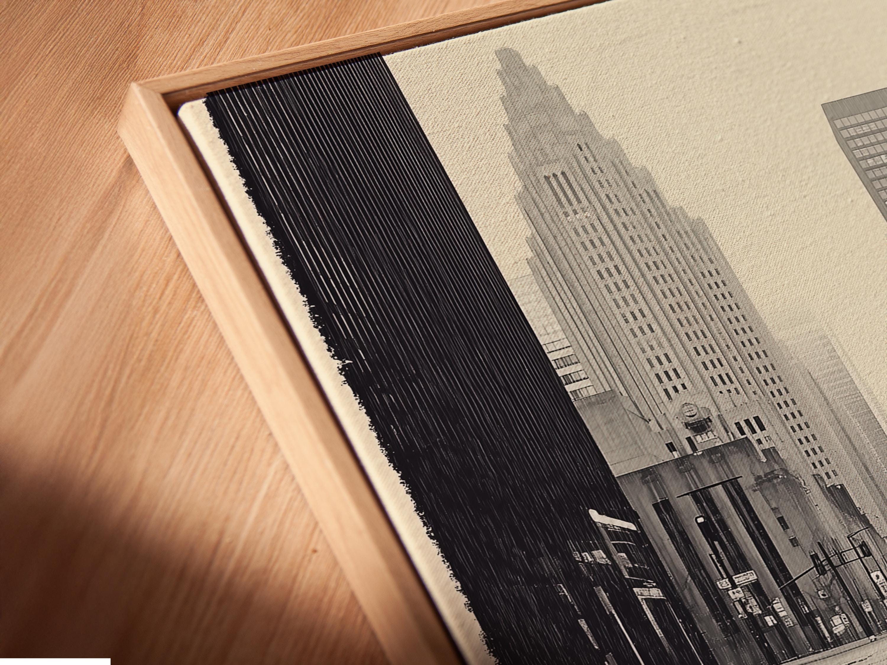 A monochrome city skyline is overlaid with a single bright yellow flower, reflected in water-like bands, creating a high-contrast urban accent detail
