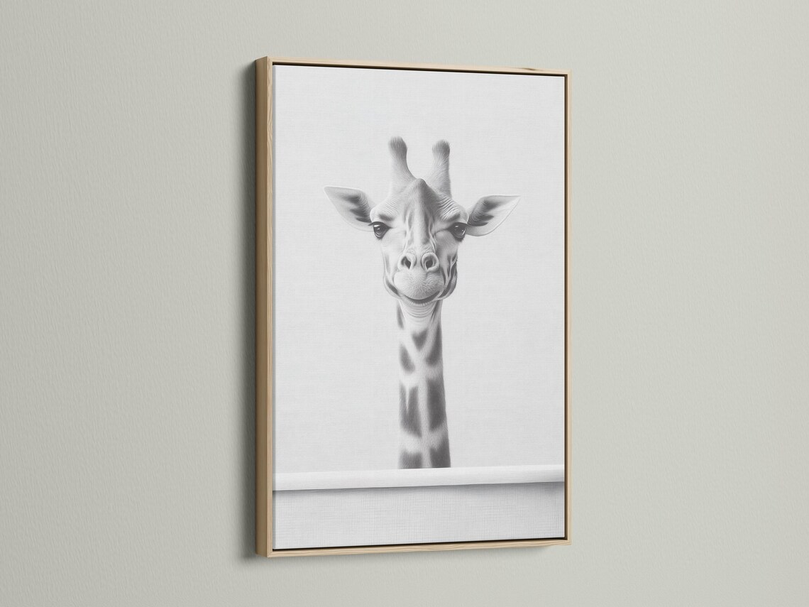 Black and white giraffe portrait illustration with soft sketch shading detail view