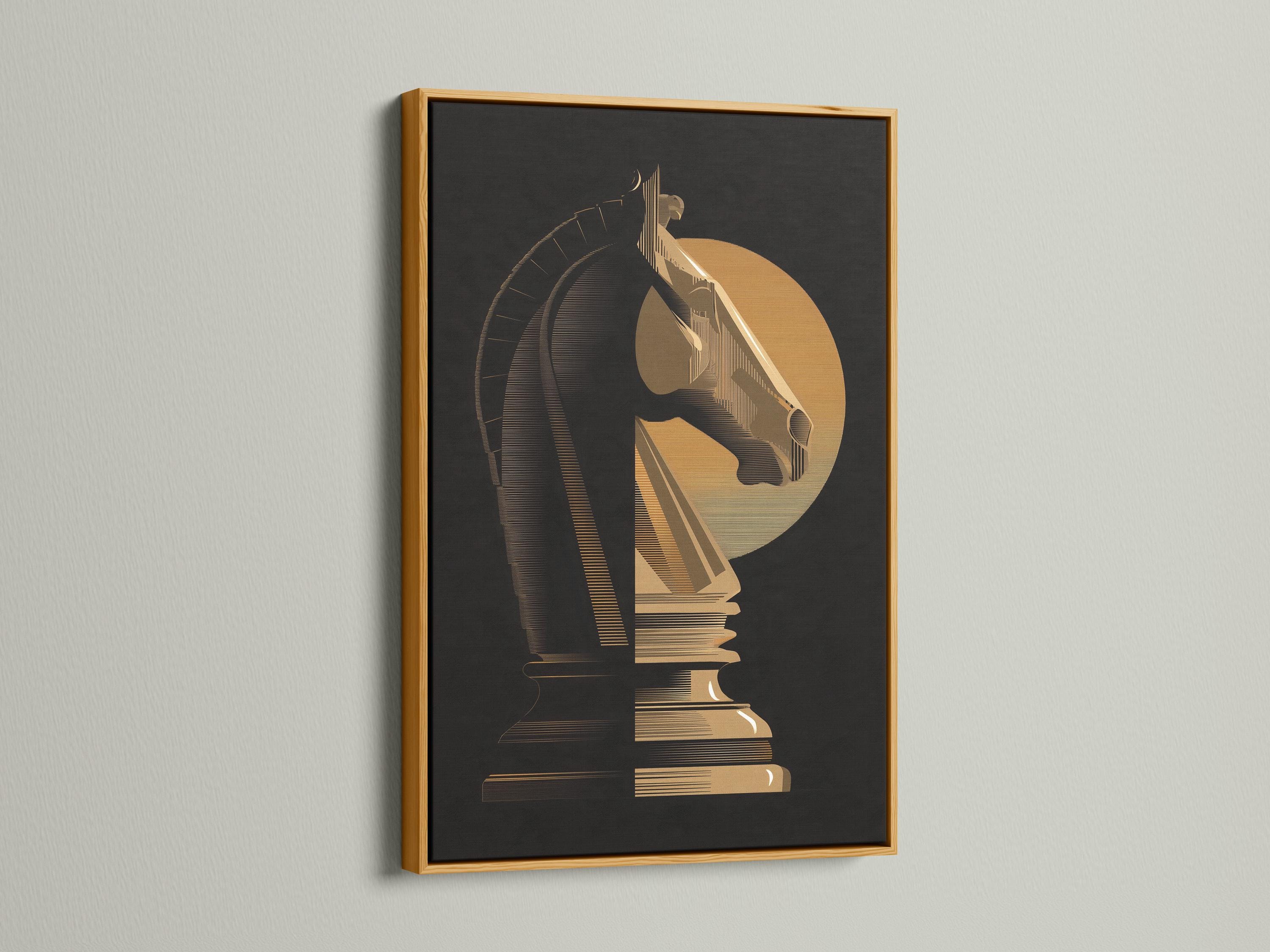 Black and gold chess knight design with curved striped bands detail view