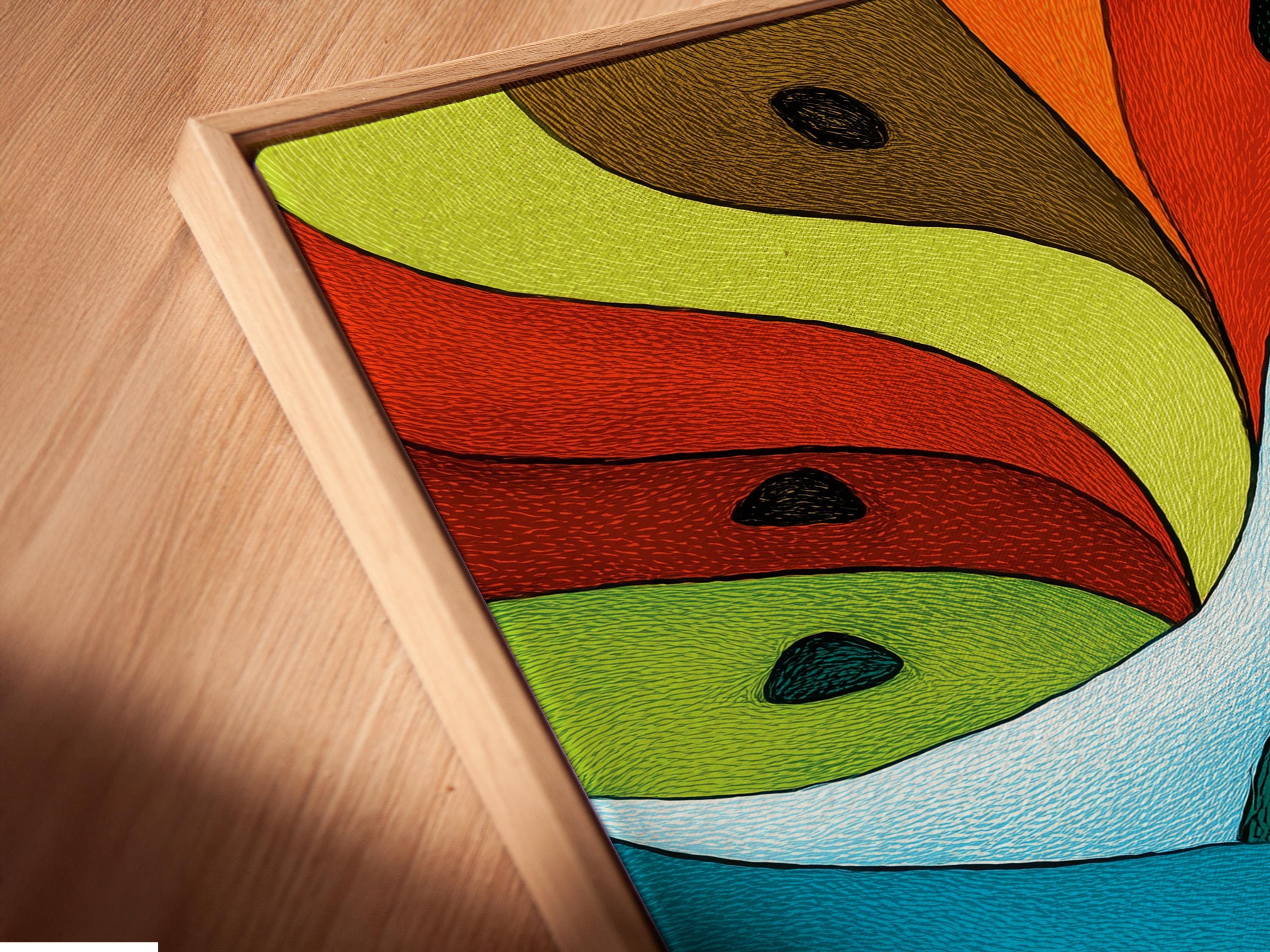 Abstract landscape artwork with sweeping green, orange and blue geometric curves detail view