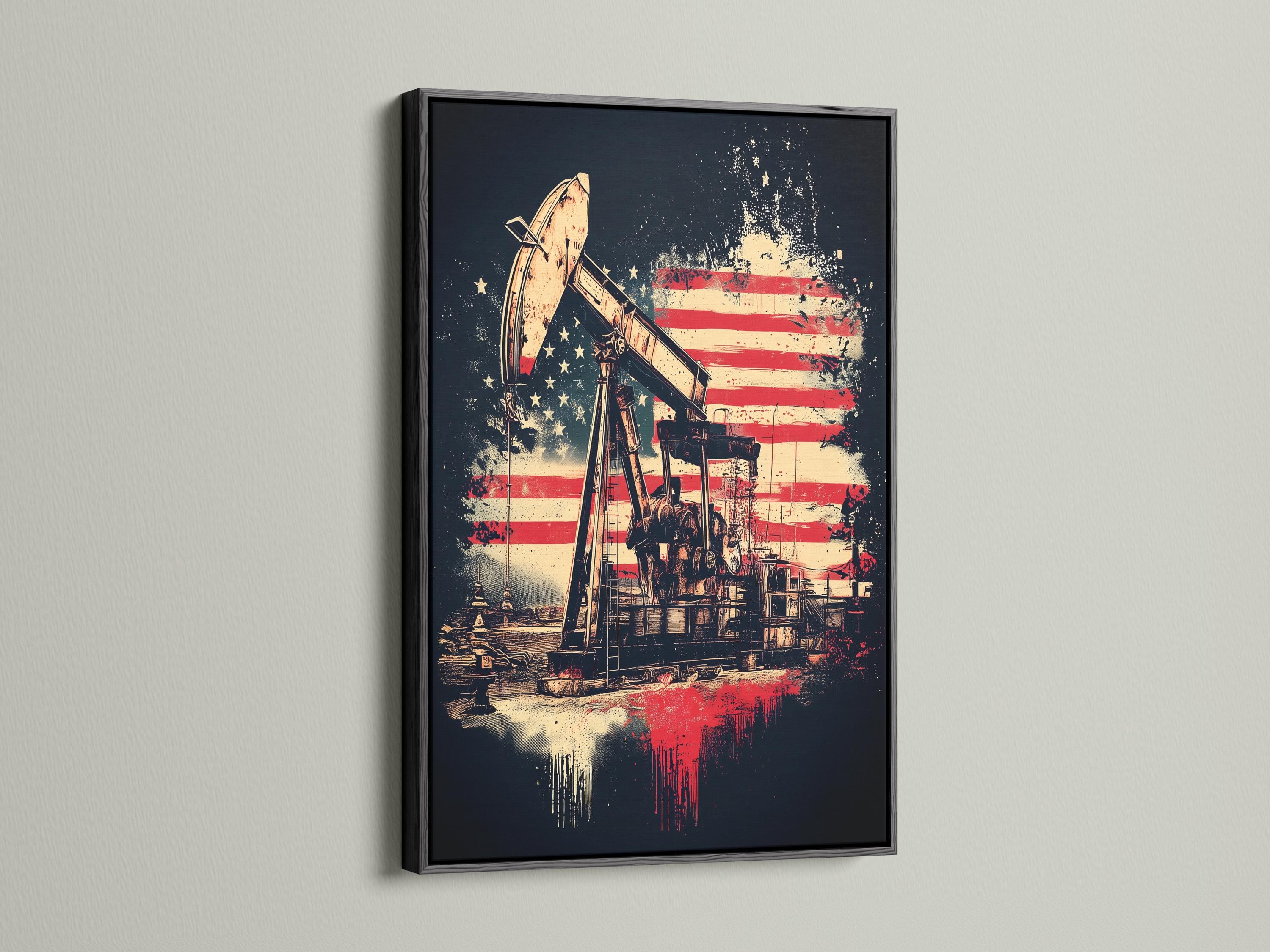 Oil rig with an American flag backdrop in red, white and blue, shown in a distressed industrial style detail view