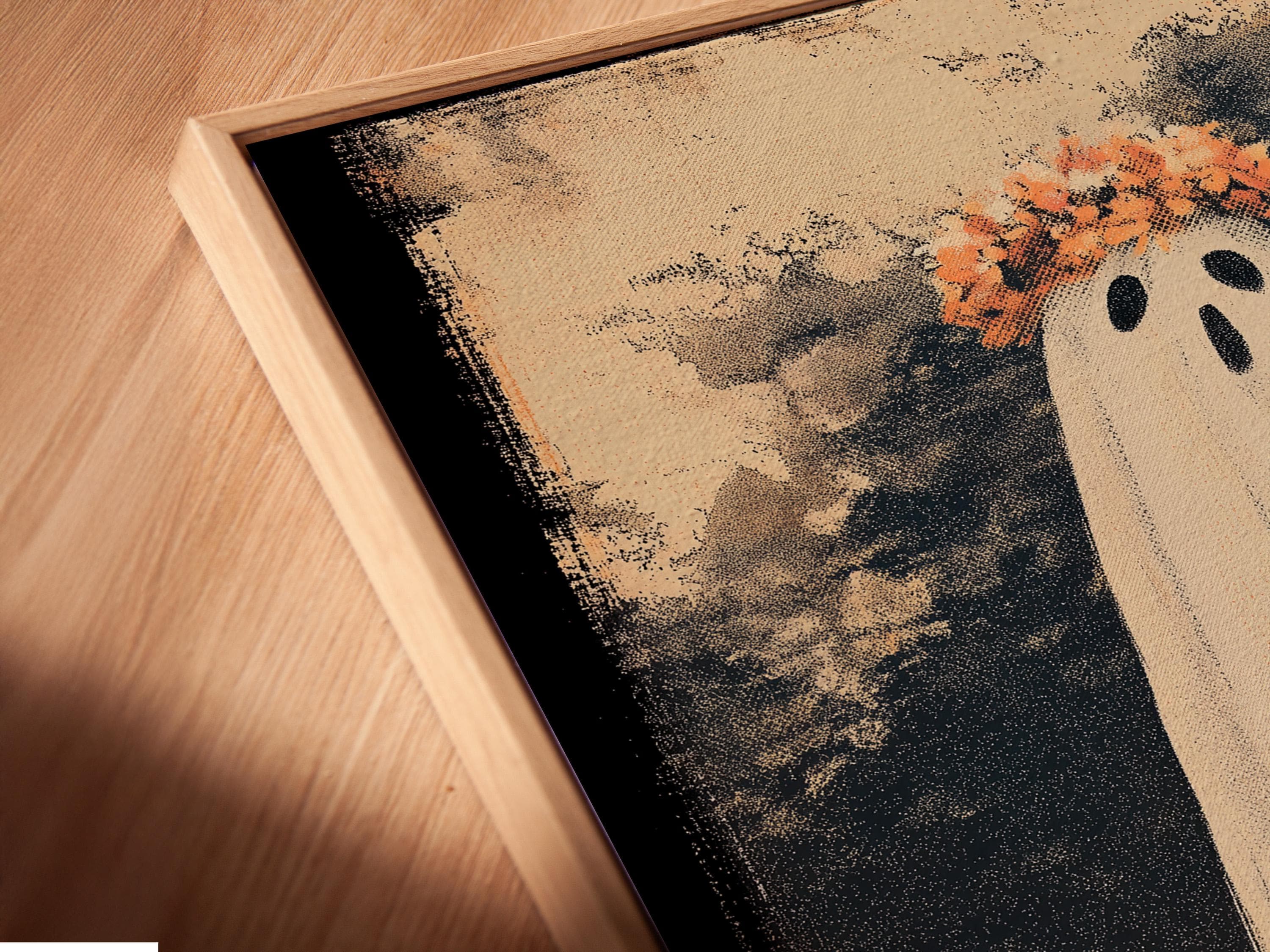 A tall white ghost with oval eyes and an orange flower crown surrounded by autumn flowers on a dark speckled background detail view