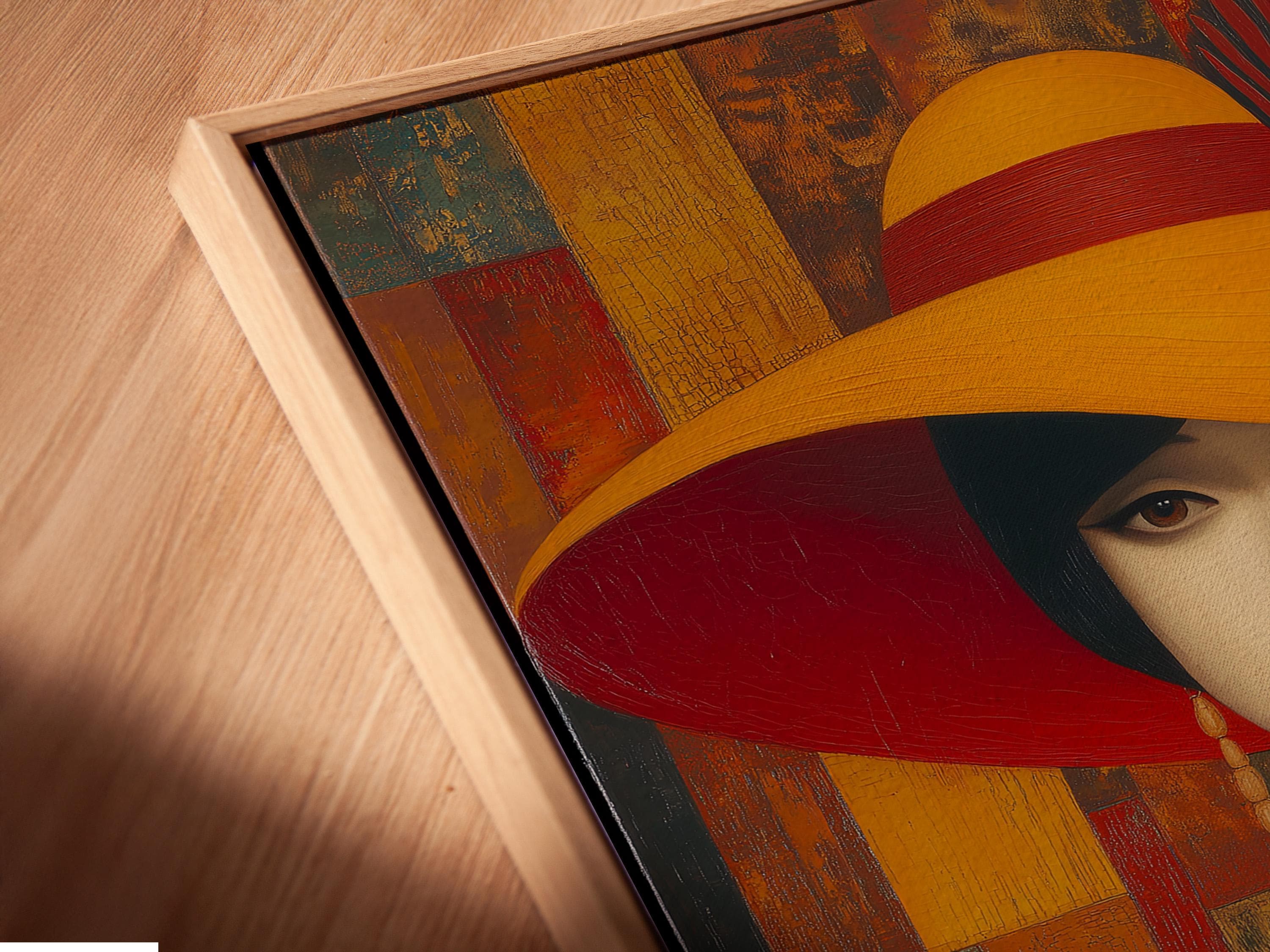 Stylised portrait of a woman wearing a wide red hat against a geometric red, gold and teal background detail view