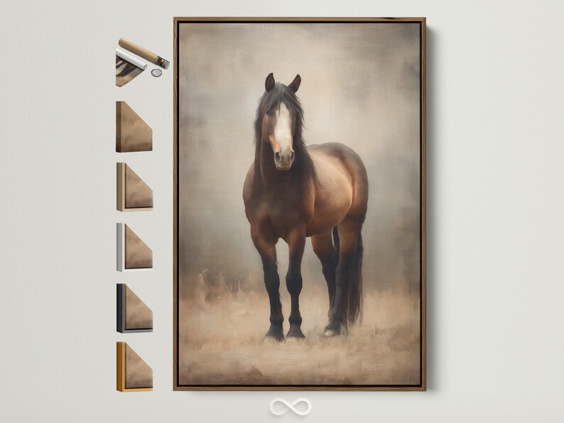Centred brown horse portrait on a warm beige background with hazy dusty ground