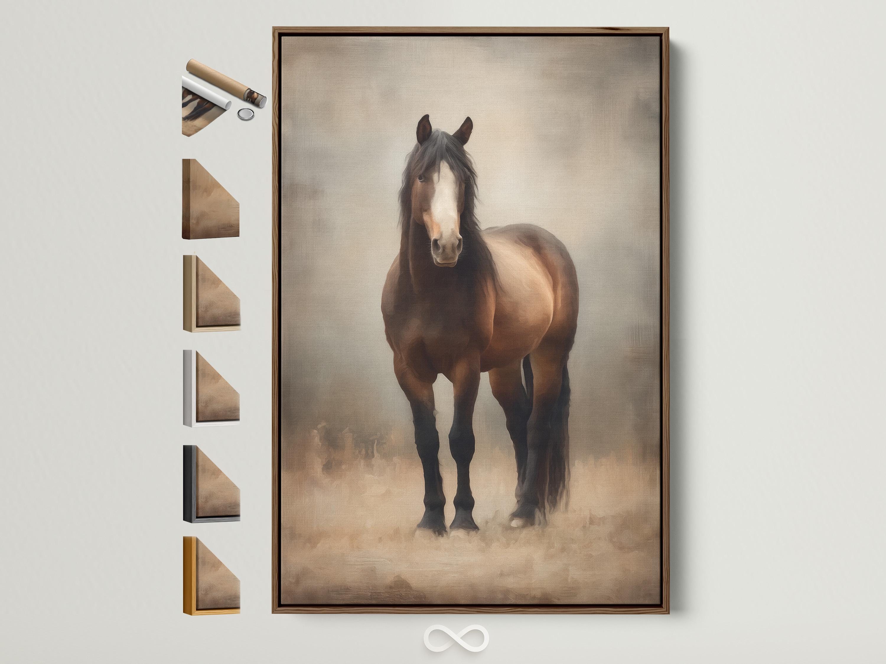 Centred brown horse portrait on a warm beige background with hazy dusty ground