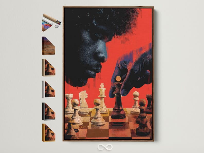 Abstract chess composition with red and black background and warm gold chess pieces