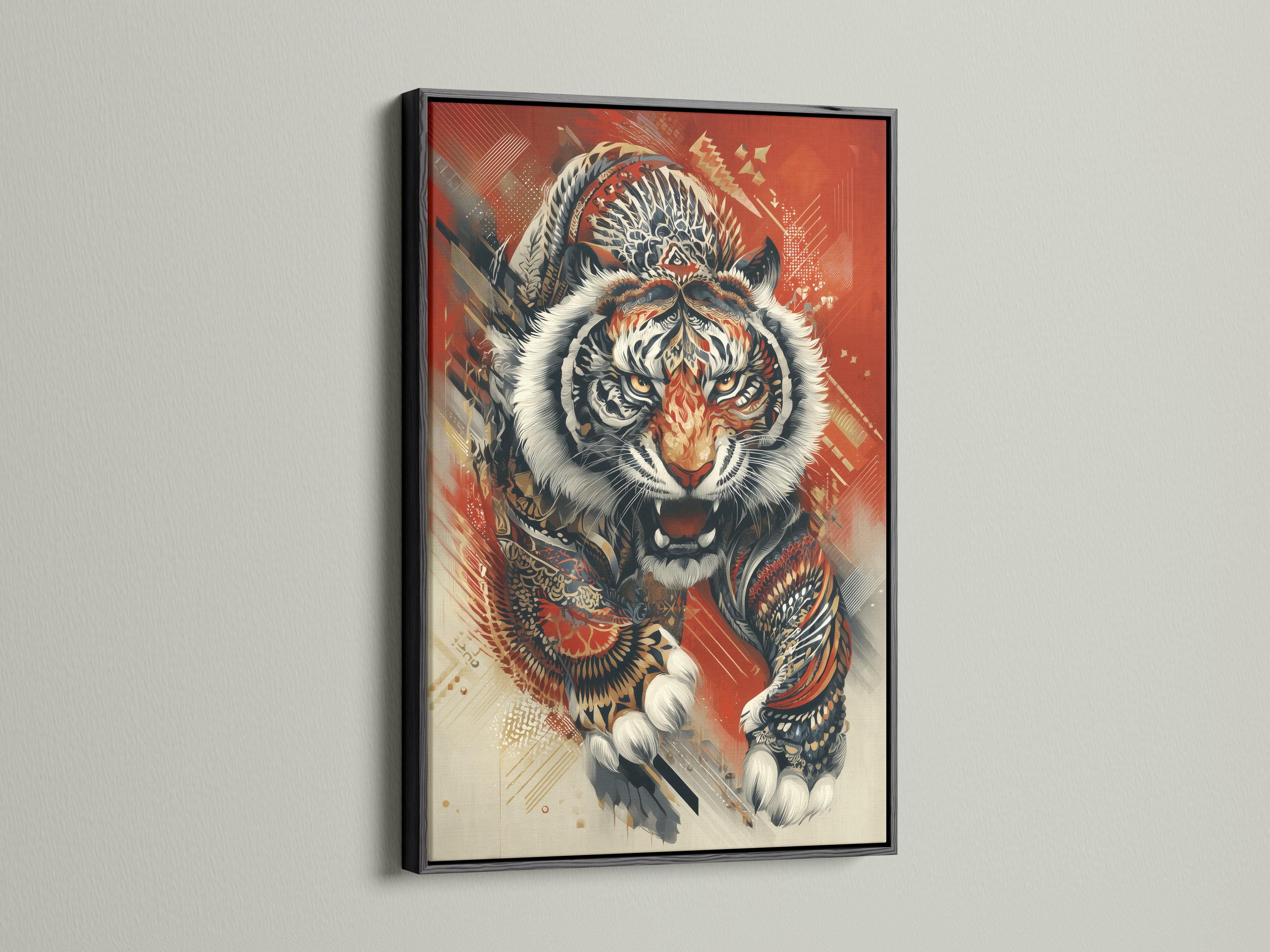 Roaring tiger wall artwork shown with wall mounting options and frame mockups on a light background