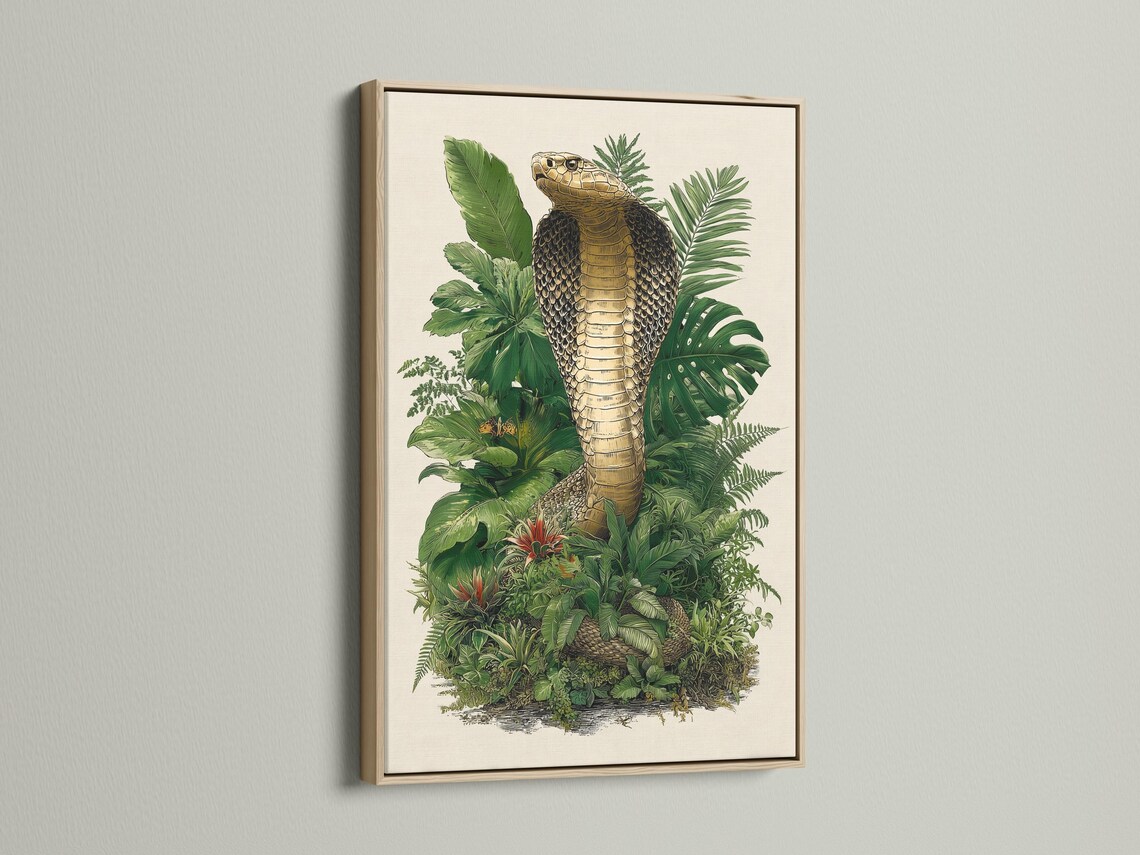 Coiled snake with patterned scales surrounded by dense green jungle leaves and small red flower accents detail view