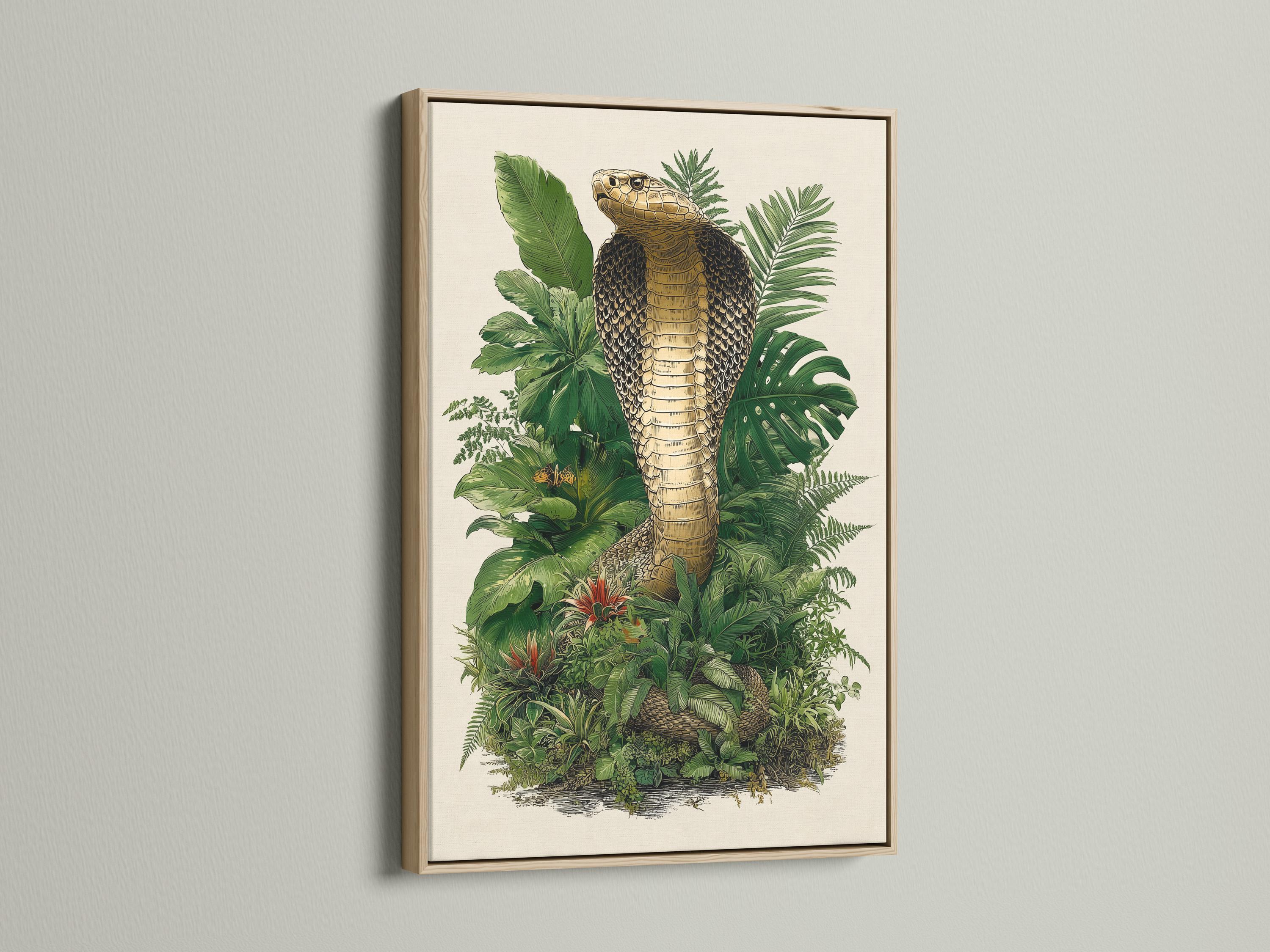 Coiled snake with patterned scales surrounded by dense green jungle leaves and small red flower accents detail view