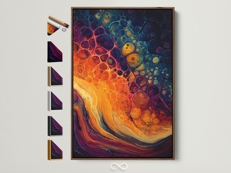 Abstract fluid artwork with orange and teal swirls and bubble-like circles