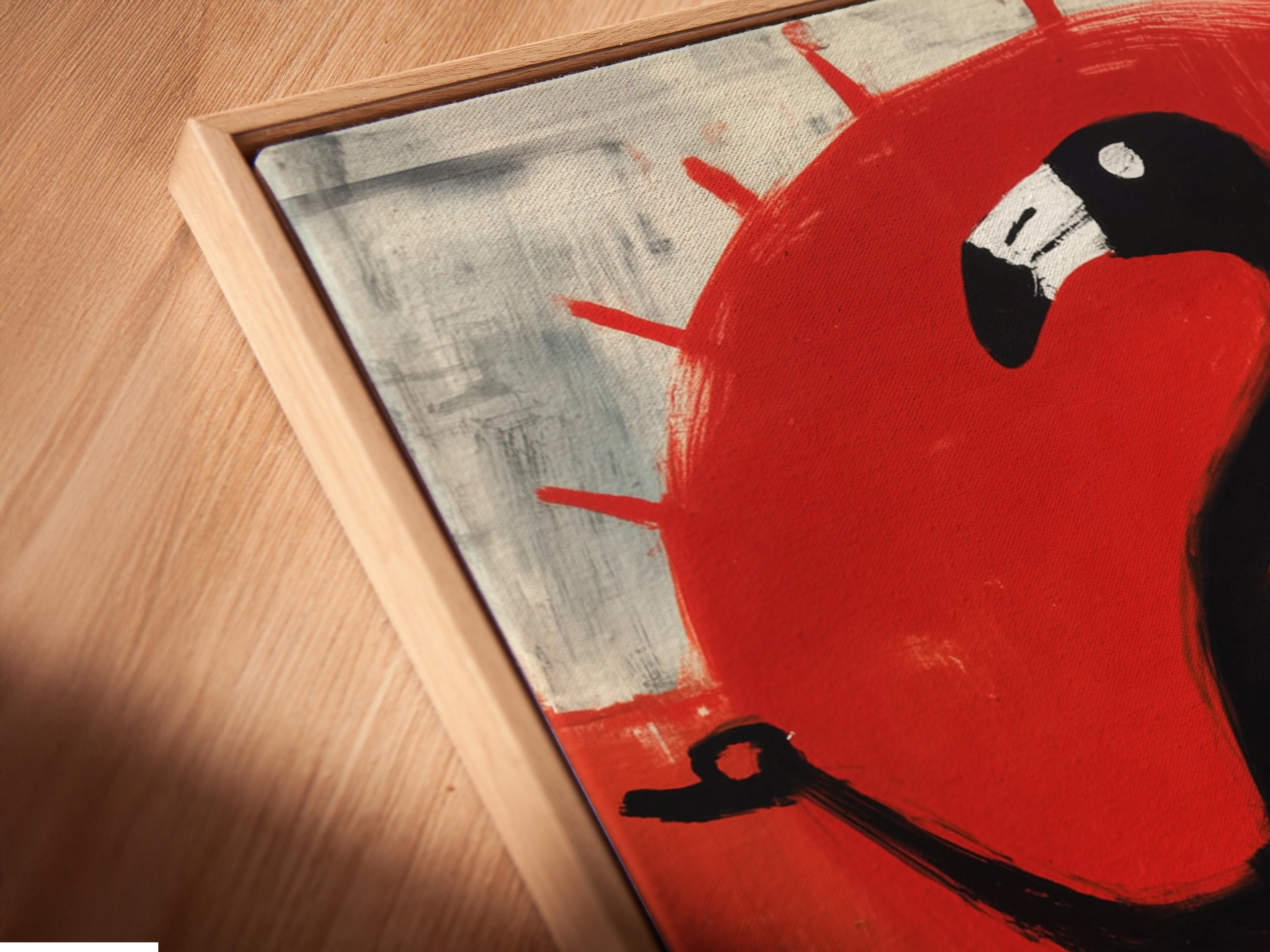 Stylised black flamingo beneath a large red sun over teal-blue and grey abstract marks detail view