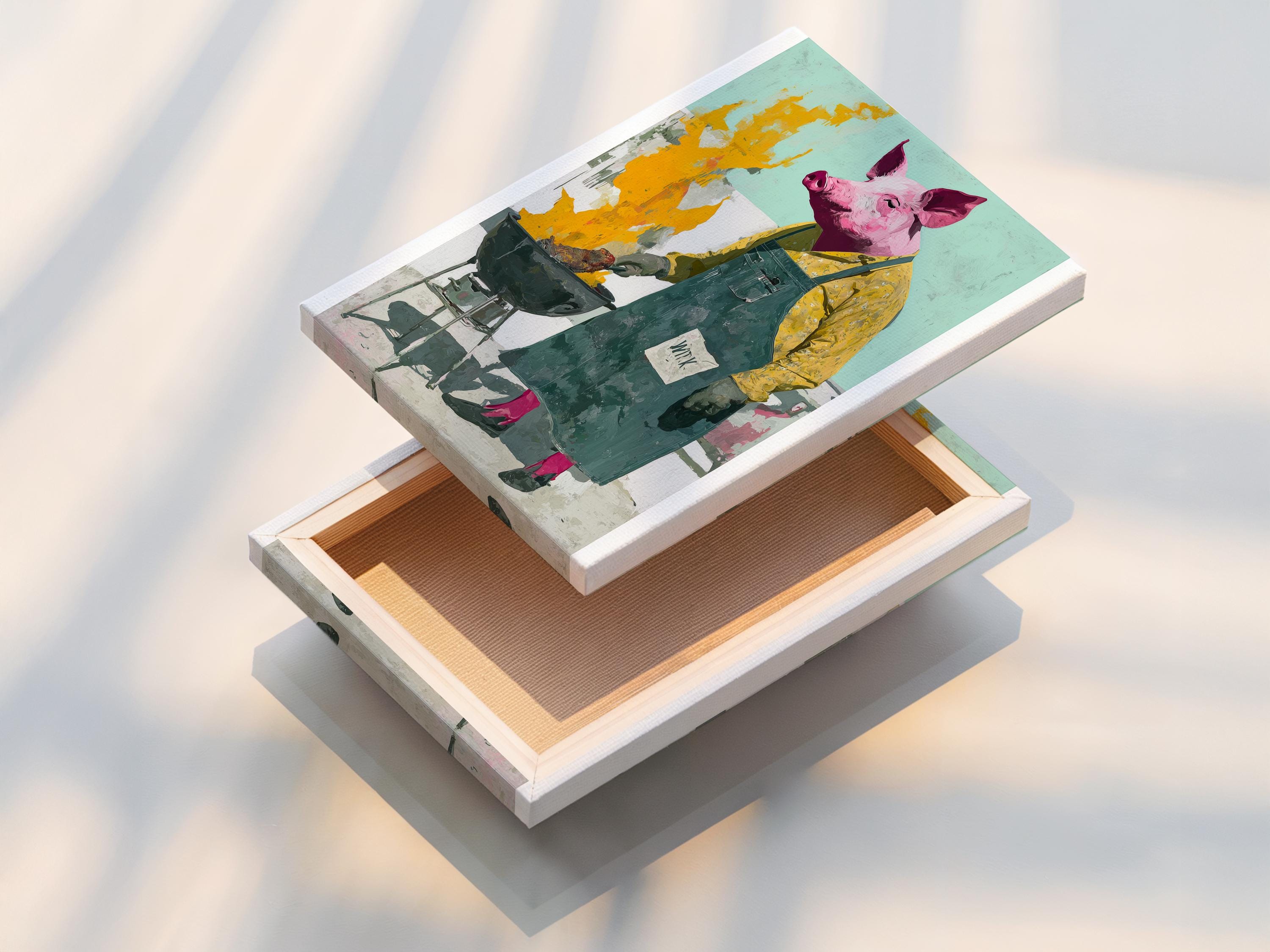 Quirky pig chef illustration by a grill with yellow flames and a mint green background detail view