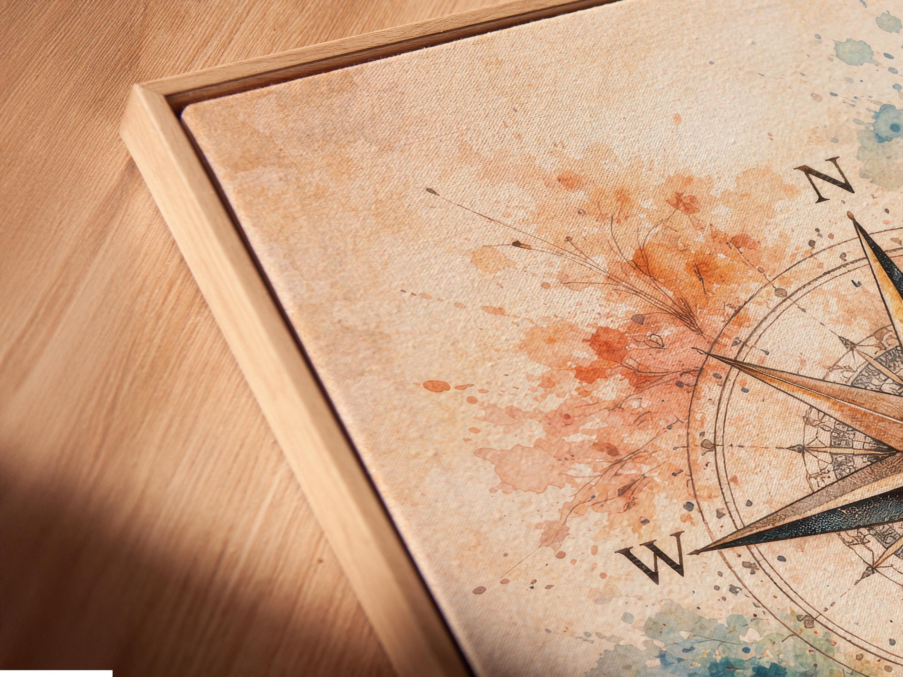 Compass rose with teal centre, directional tips and vintage map linework over cream background detail view