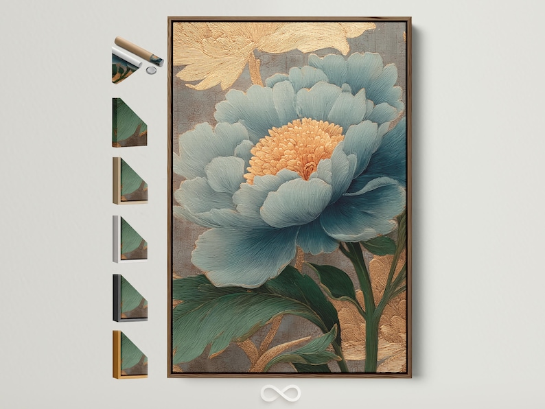 Teal peony with gold accents and green leaves on a textured grey background