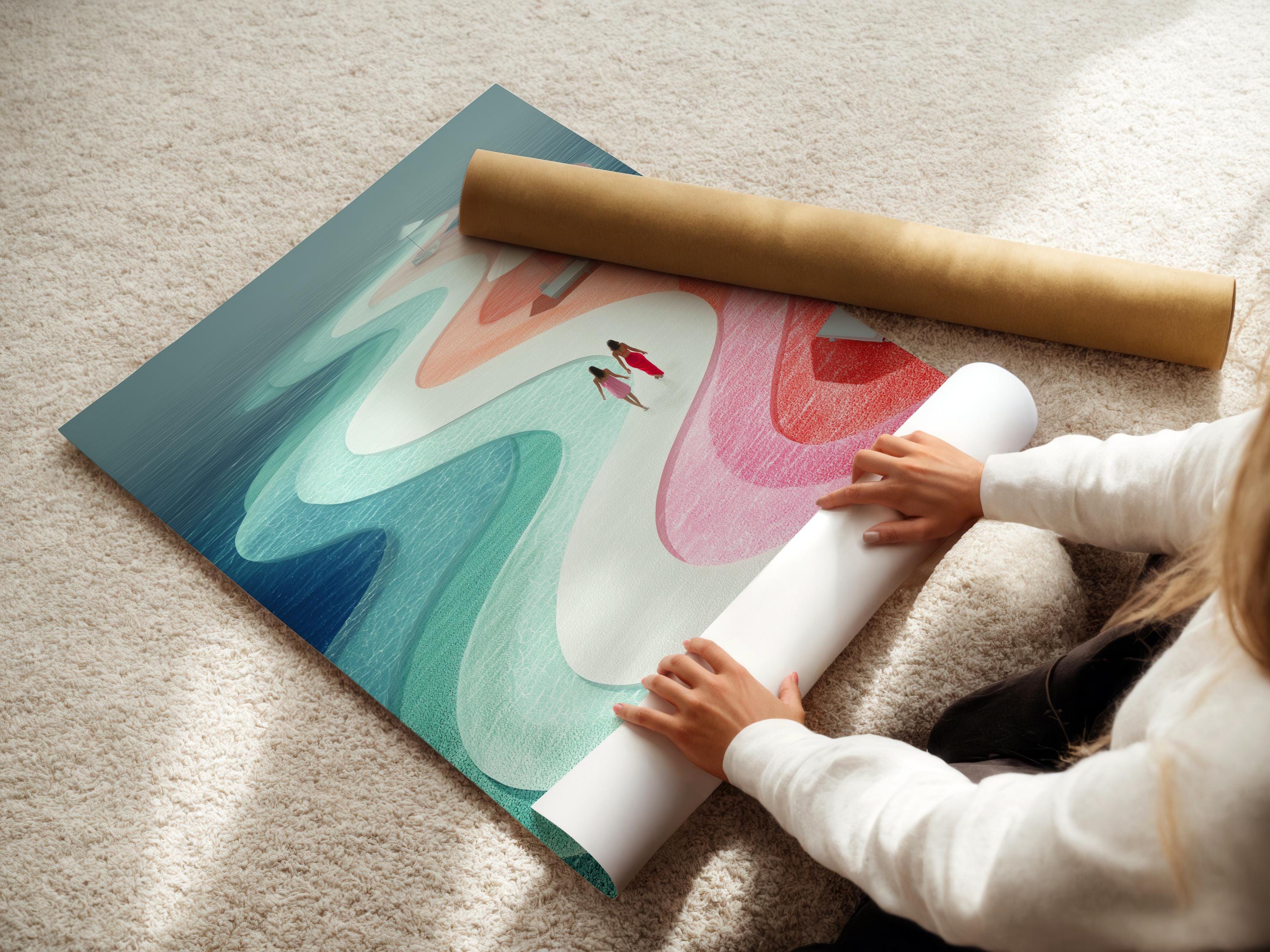 Teal and coral abstract coastal scene with ocean waves, pier, and two people walking detail view