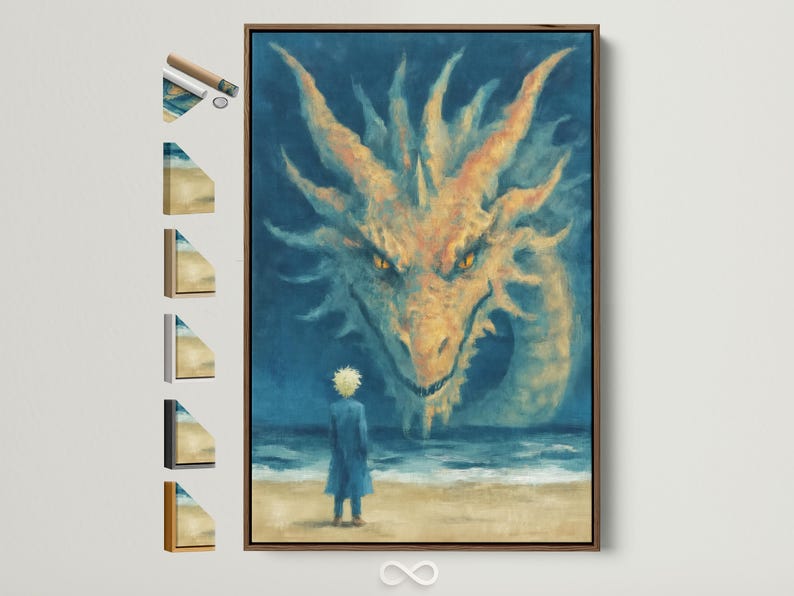 Blue dragon-like creature with glowing yellow eyes over a sandy beach ocean scene