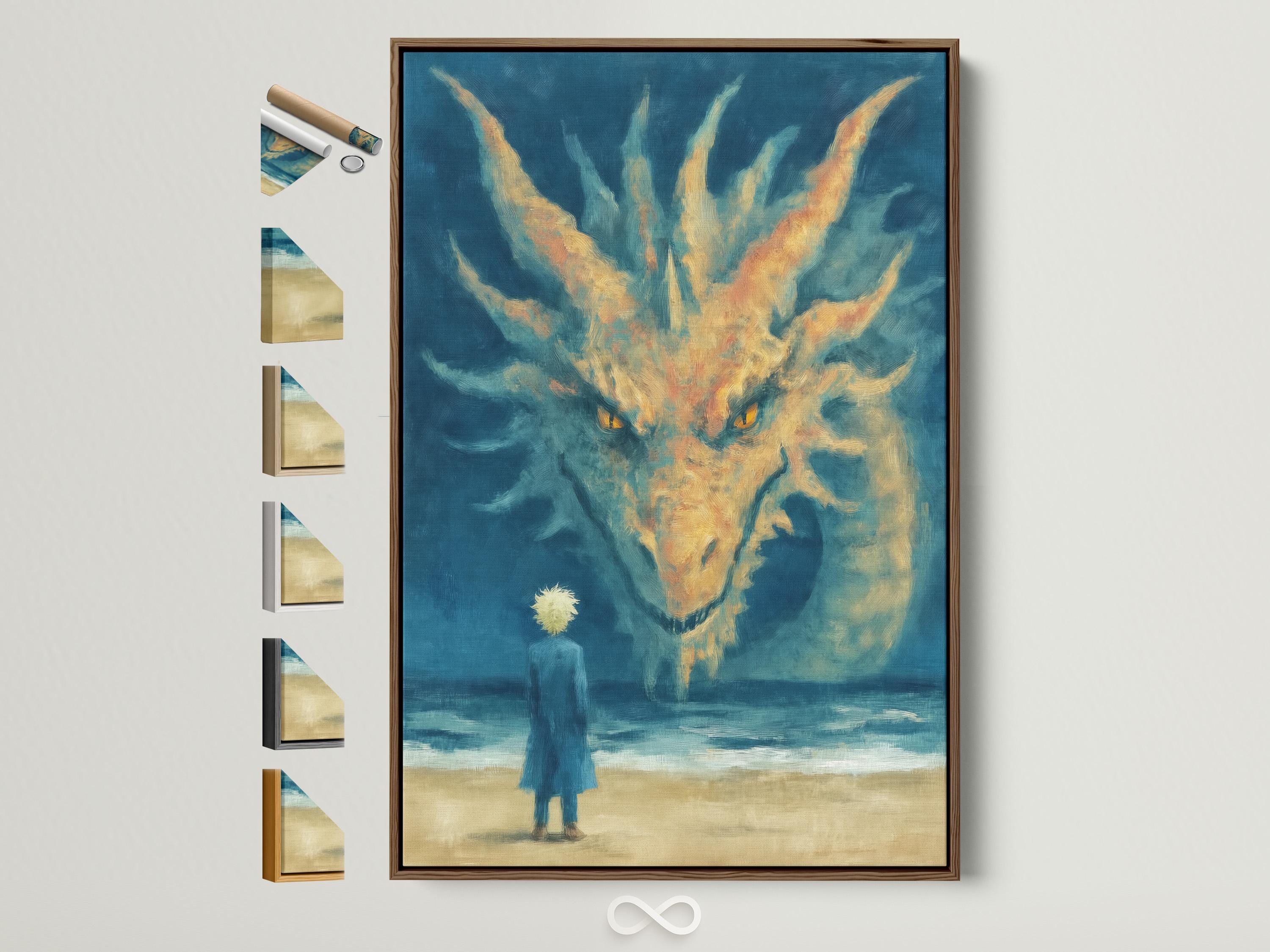 Blue dragon-like creature with glowing yellow eyes over a sandy beach ocean scene