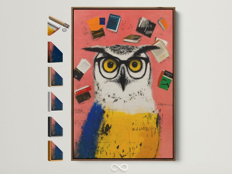Stylised owl with large yellow eyes surrounded by illustrated books on a coral, blue and yellow background