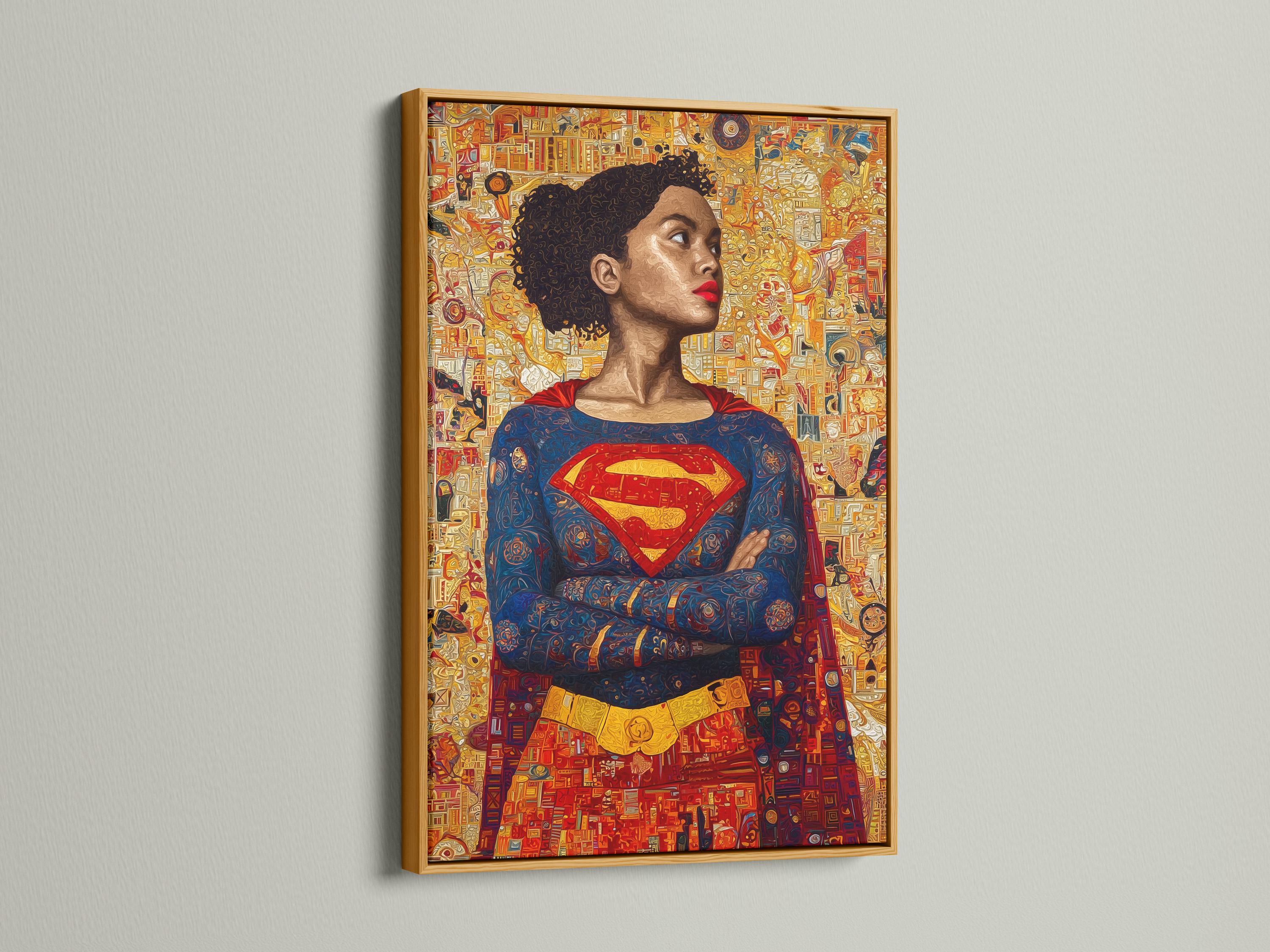 Room mockup showing a framed artwork of a superhero woman portrait on a wall