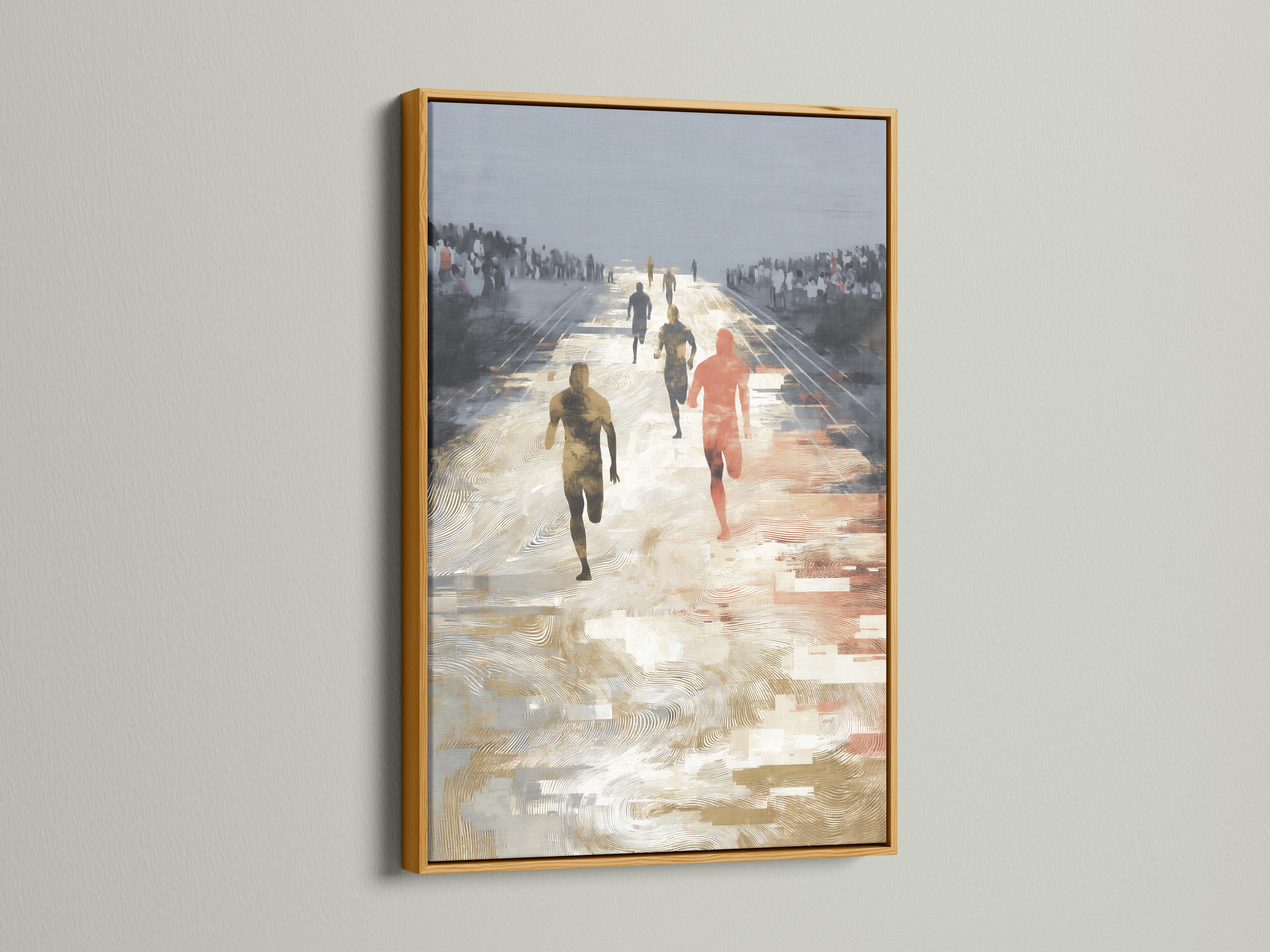 Stylised running scene with several runners on a sunlit path, beige and gold tones against blue-grey haze detail view
