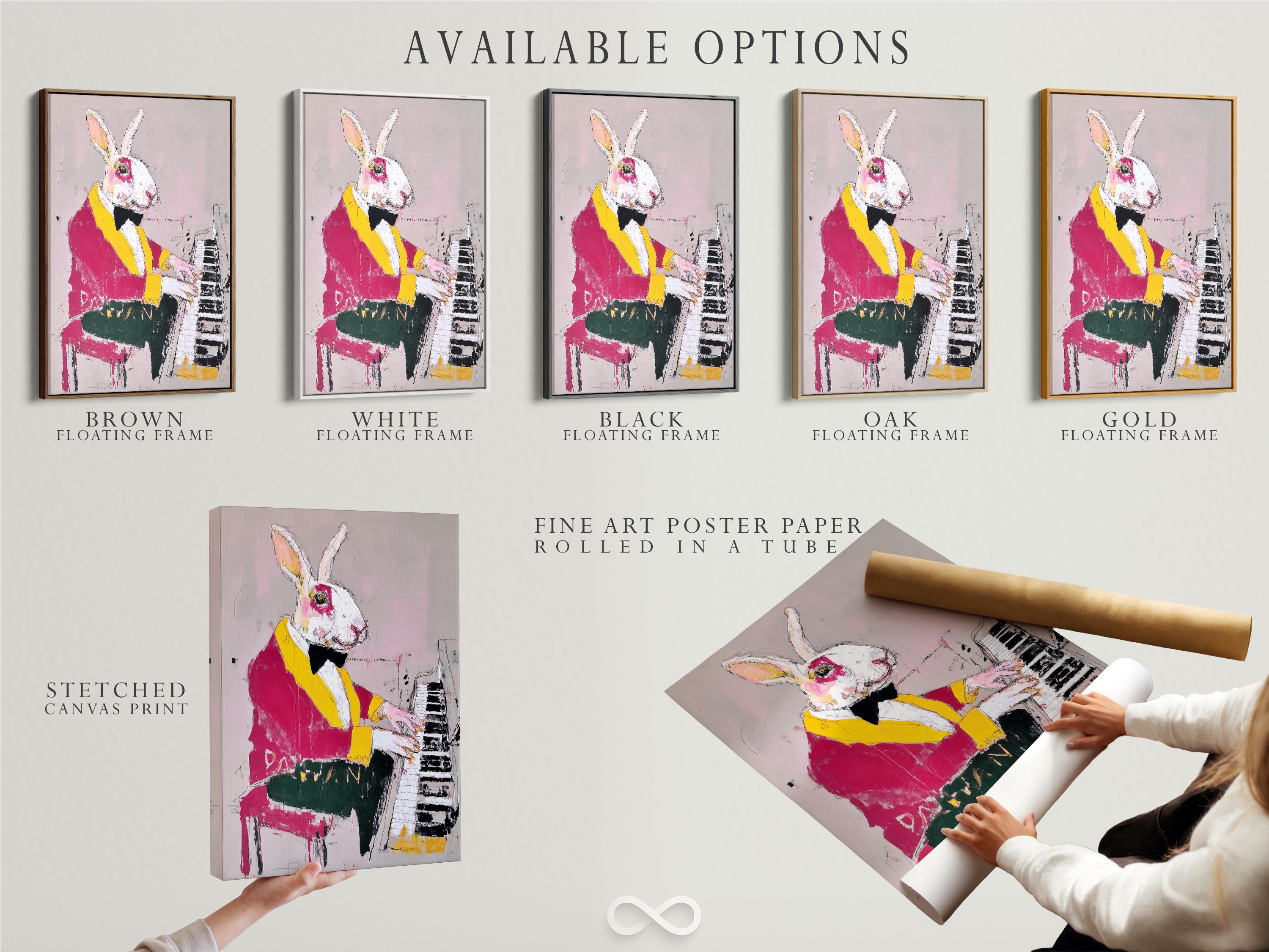 Rabbit playing piano with magenta and yellow jacket on a blush pink background detail view