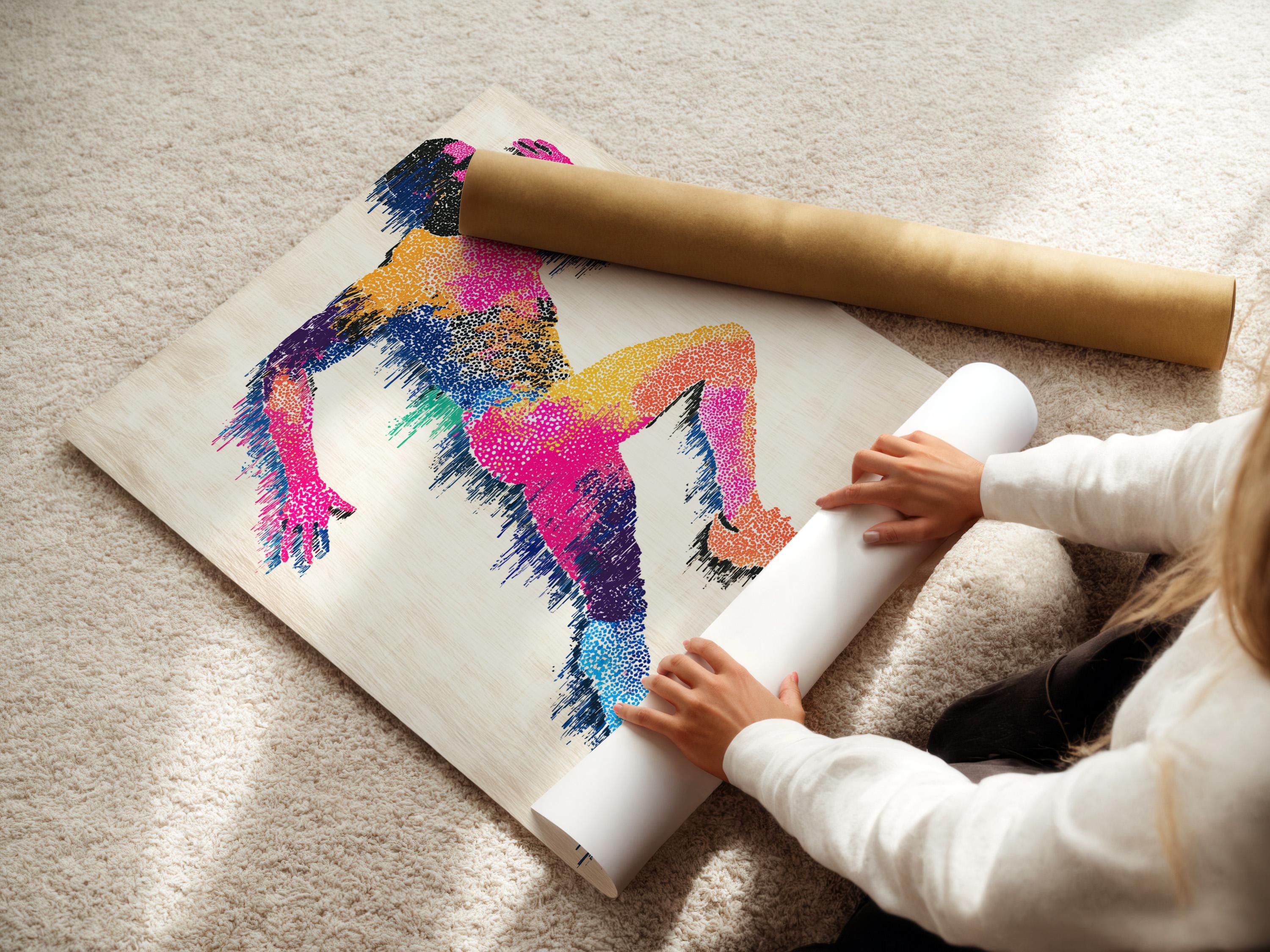 Abstract running man artwork with multicolour speckled figure and black accents detail view