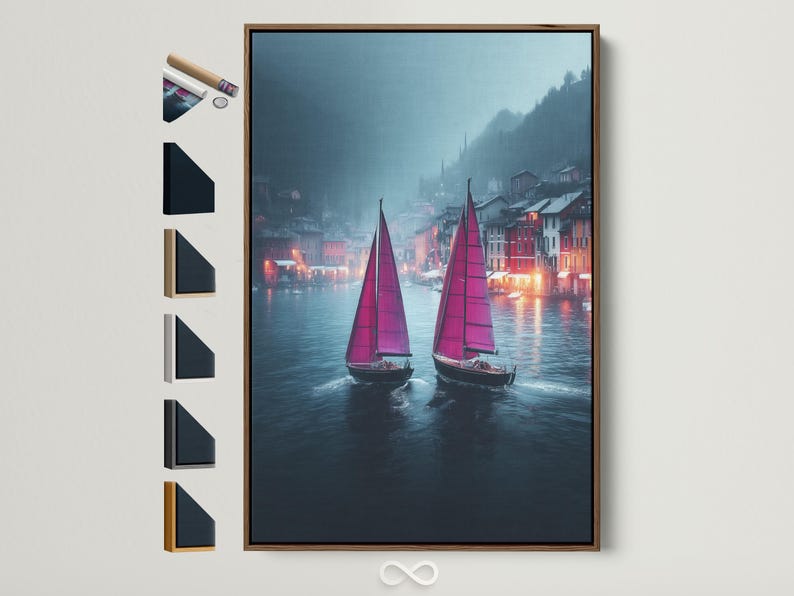 Two sailboats with tall pink sails on a misty blue-grey river, reflected in the water