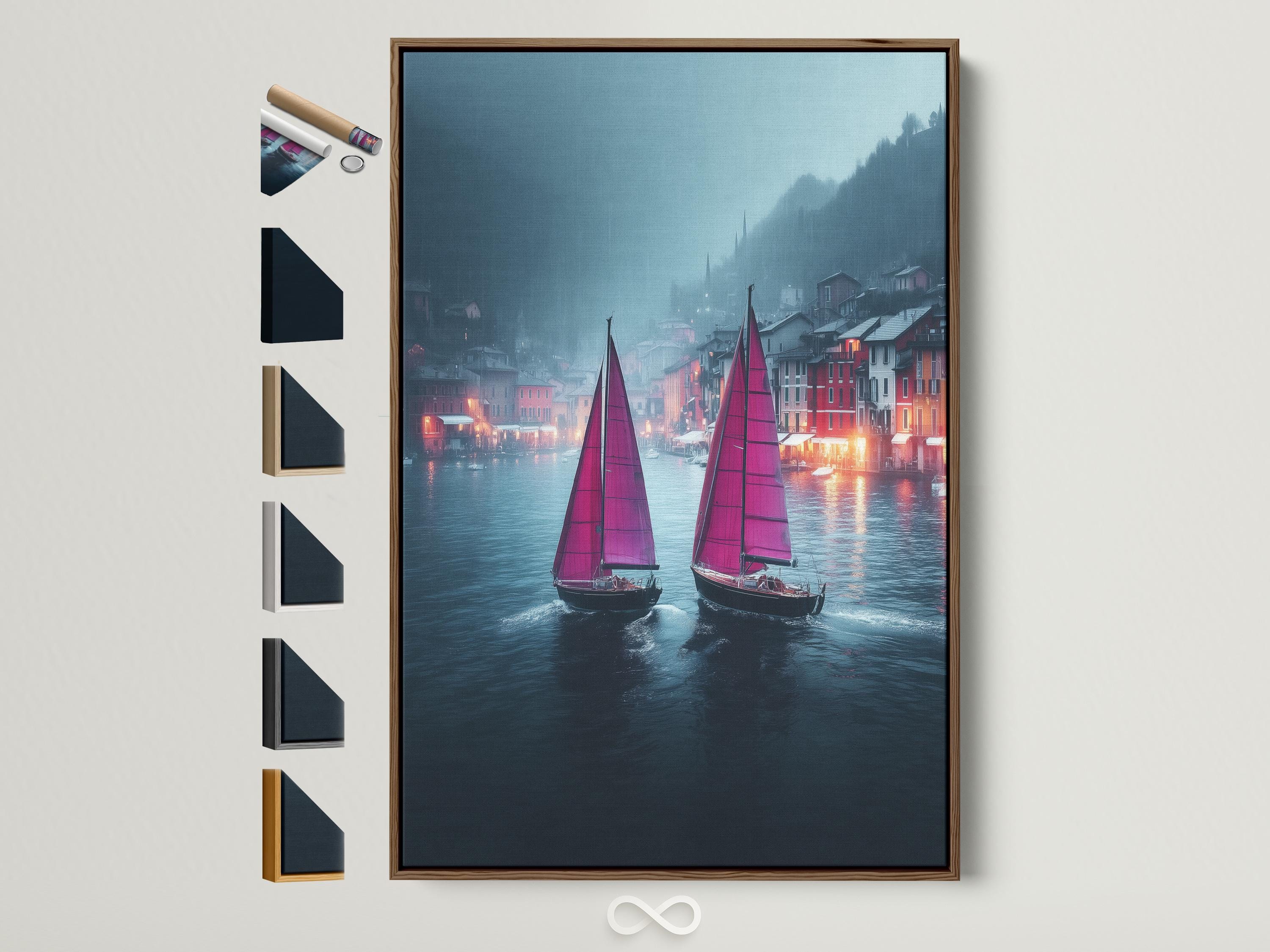 Two sailboats with tall pink sails on a misty blue-grey river, reflected in the water