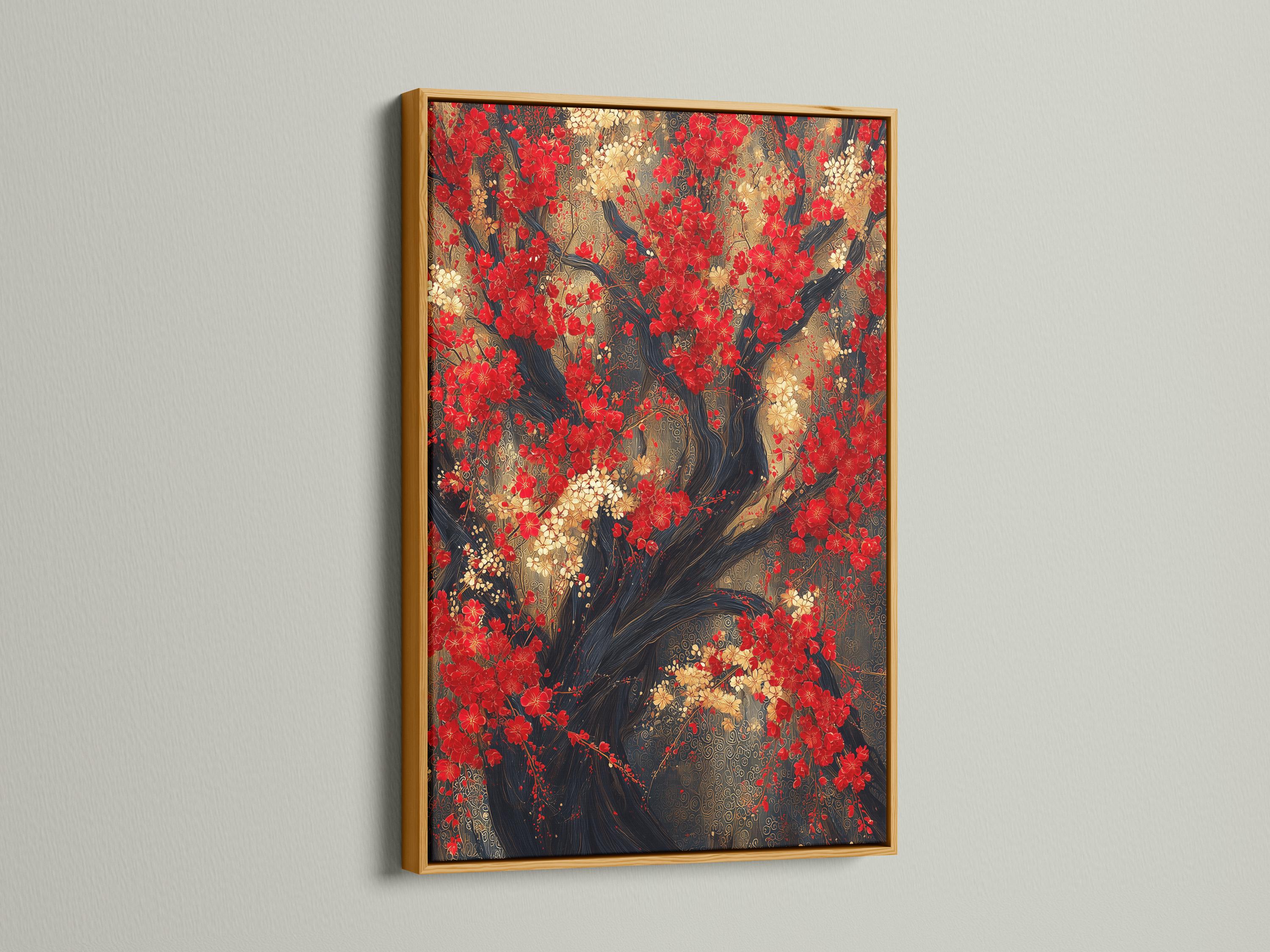 Red blossom tree artwork with dark branches and clusters of red, cream and gold flowers detail view